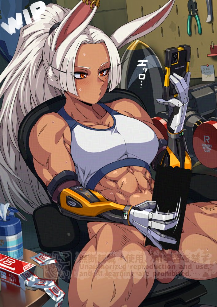 abs alternate_hairstyle animal_ear_piercing animal_ears bar_censor blush boku_no_hero_academia bottomless bra breasts cellphone censored chair cleavage commentary condom condom_box condom_packet_strip condom_wrapper cowboy_shot curtained_hair dark-skinned_female dark_skin female forehead full-package_futanari futanari futanari_masturbation high_ponytail holding holding_phone long_eyelashes long_hair masturbation mechanical_arms medium_breasts mikoyan mirko motion_lines muscular muscular_female navel parted_bangs parted_lips phone pliers ponytail prosthesis prosthetic_arm puckered_lips rabbit_ears rabbit_girl red_eyes scar scar_on_cheek scar_on_face scar_on_leg scar_on_stomach sitting smartphone smartphone_case solo sports_bra spread_legs sweat testicles translated underwear unfinished watermark wet_wipes white_bra white_hair