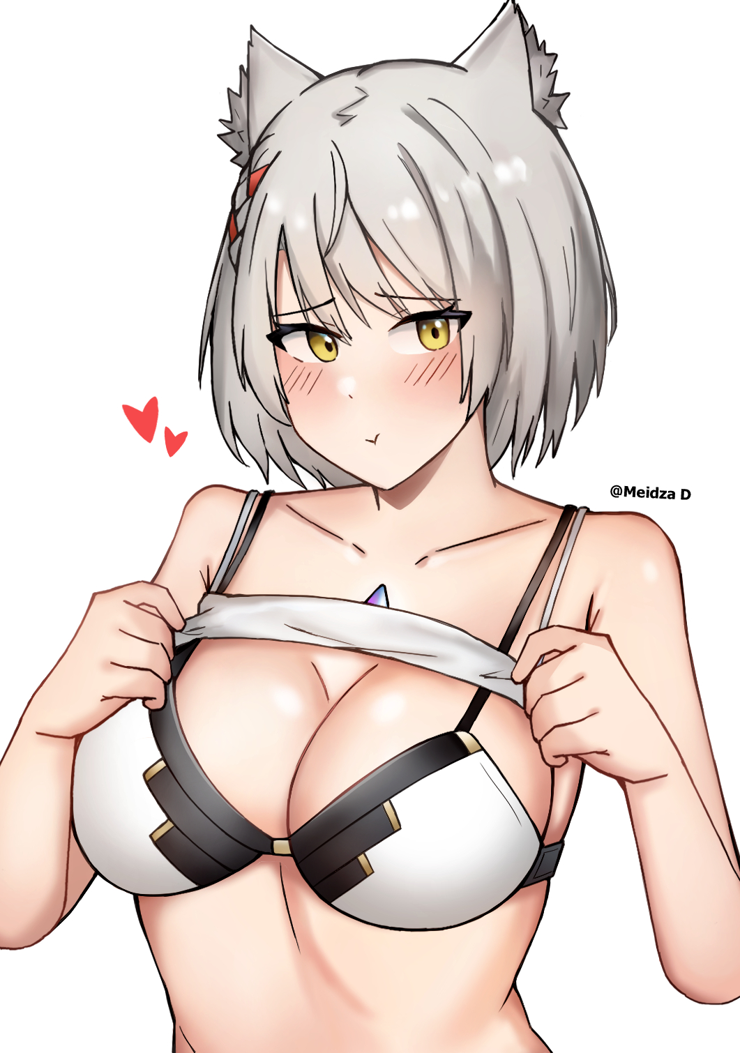 1girls bare_shoulders blush bra breasts cat_ears catgirl cleavage core_crystal embarrassed female female_only flashing flashing_breasts heart highres large_breasts looking_at_viewer meidza_d midriff mio_(xenoblade) monolith_soft nintendo shirt_lift short_hair silver_hair tank_top upper_body white_bra white_tank_top xenoblade_(series) xenoblade_chronicles_3 yellow_eyes