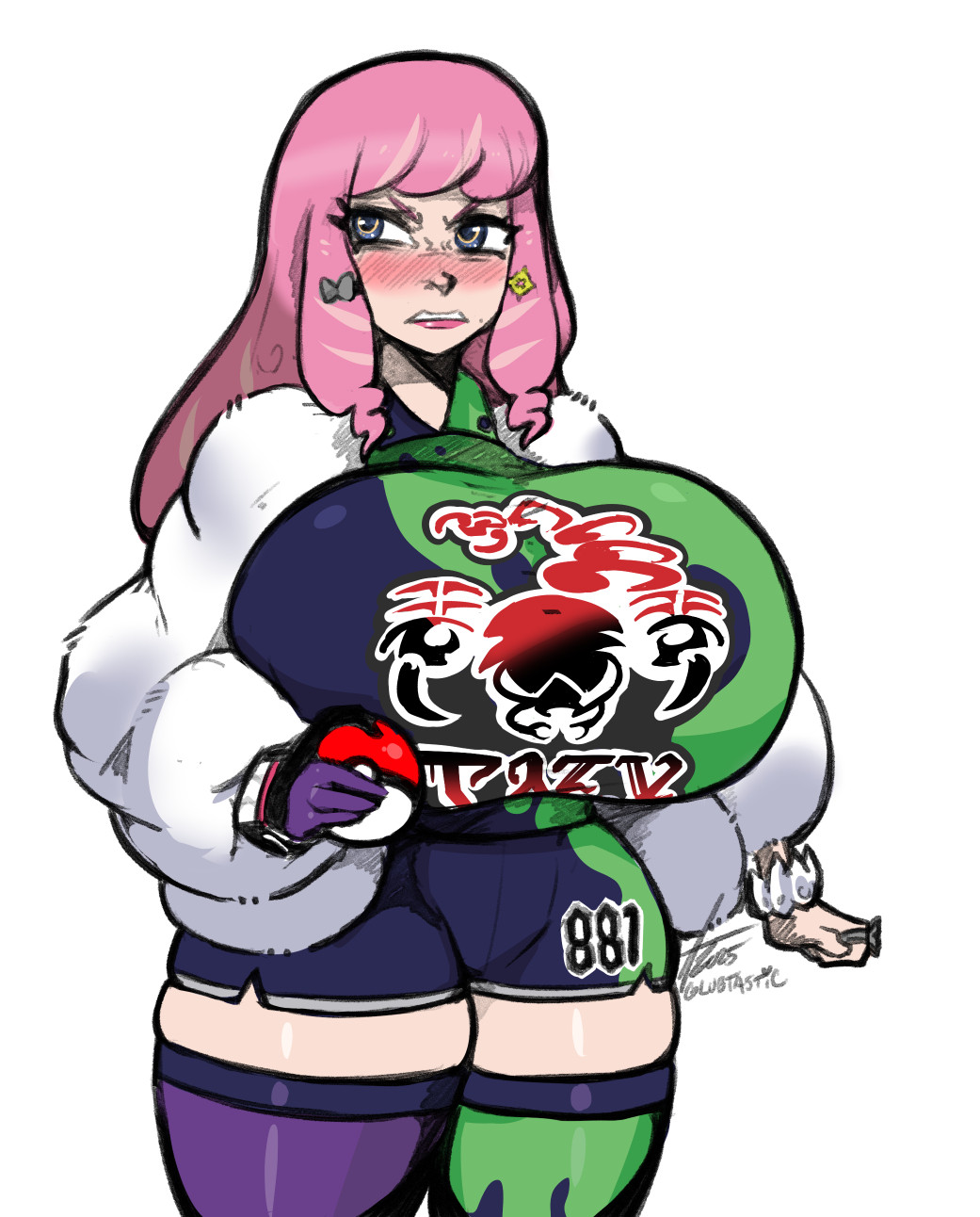 1girls, blush, breasts, female, glubtastic, huge breasts, klara (pokemon), nintendo, pink hair, pokemon, tagme