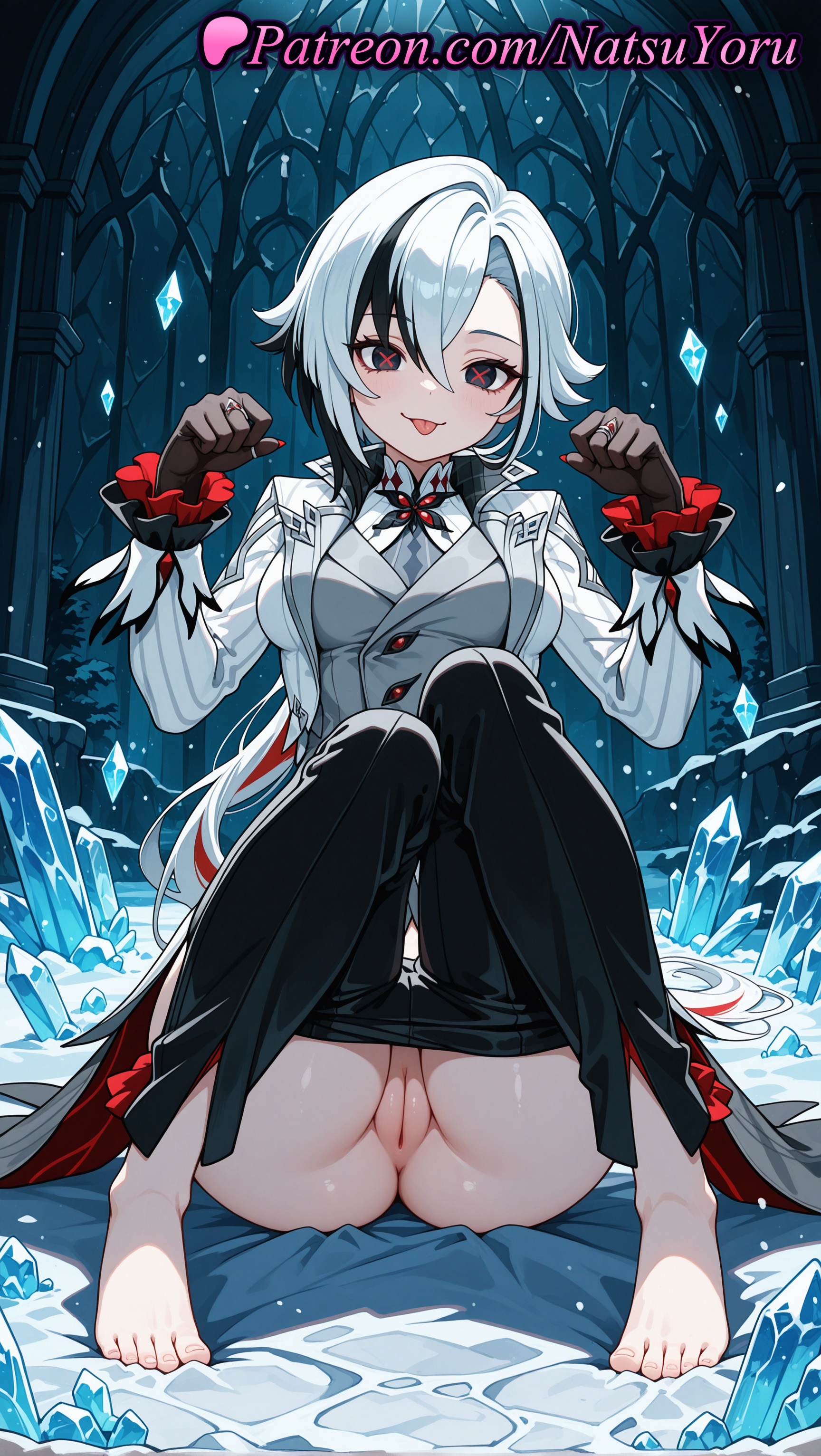 1girls, 2025, ai assisted, ai generated, anime, anime style, anus, arlecchino (genshin impact), ass, asshole, bangs, barefoot, black eyes, black gloves, black hair, black pants, blush, breasts, bust, busty, cleft of venus, clothes pull, coat, feet, female, female focus, female only, full body, genshin impact, gloves, hair between eyes, hands up, hi res, high quality, high resolution, highres, hoyoverse, indoors, jacket, knees up, labia, large breasts, legs, light skin, light-skinned female, long hair, long sleeves, looking at viewer, medium breasts, mihoyo, mihoyo technology (shanghai) co. ltd., multicolored hair, natsuyoru, no panties, oiled, pale skin, pants, pants pull, patreon, pussy, red pupils, shiny, shirt, short hair, sitting, smile, solo, solo female, stable diffusion, streaked hair, symbol-shaped pupils, teasing, thighs, toenail polish, toenails, toes, tongue, tongue out, two-tone hair, uncensored, vagina, voluptuous, voluptuous female, white hair, white jacket, wig, x-shaped pupils