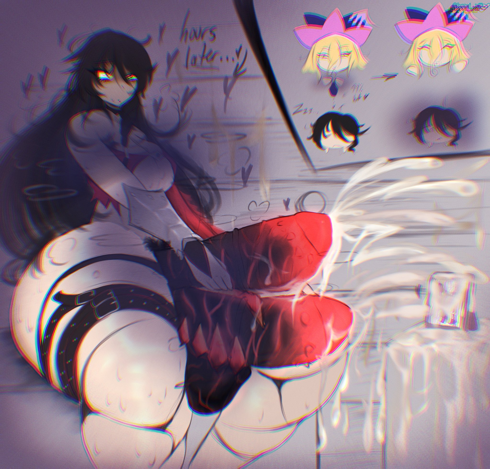 1futa, alternate version available, ass, ass bigger than head, balls, big ass, big balls, big breasts, big butt, big penis, black hair, bottom heavy, bottomless, breasts, bubble ass, bubble butt, clothing, cum, cumshot, curvaceous, curvy, curvy figure, diphallia, diphallism, ejaculation, english text, erection, excessive cum, futa only, futanari, glowing genitalia, glowing penis, heart, huge ass, huge balls, huge breasts, huge cock, intersex, long hair, lumi xiii, masturbation, monster arm, monster cock, mostly nude, multi genitalia, multi penis, musk, musk clouds, musky balls, musky butt, musky cock, orgasm, penis, pubic hair, solo, solo futa, stinky, sweat, sweaty, sweaty ass, sweaty body, sweaty breasts, sweaty butt, sweaty thighs, tales of (series), tales of berseria, text, therion, thick thighs, velvet crowe, voluptuous, voluptuous futa, wide hips, yellow eyes