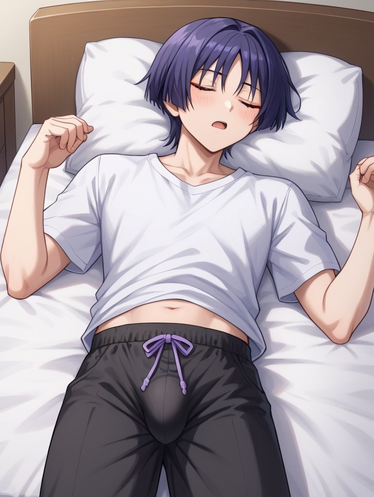 1boy ai_generated erection explicit genshin_impact nsfwworks.ia scaramouche_(genshin_impact) sleeping solo_male wanderer wanderer_(genshin_impact)