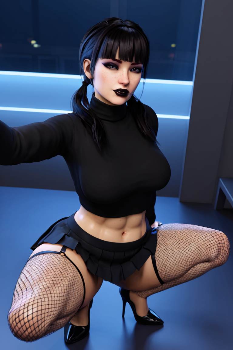 1girls 3d abs ai_generated big_ass big_breasts black_hair black_lipstick busty crop_top fishnets goth goth_girl high_heels hispanic kali(oc) latina radnsad selfie solo solo_female solo_focus thick_thighs turtleneck twintails