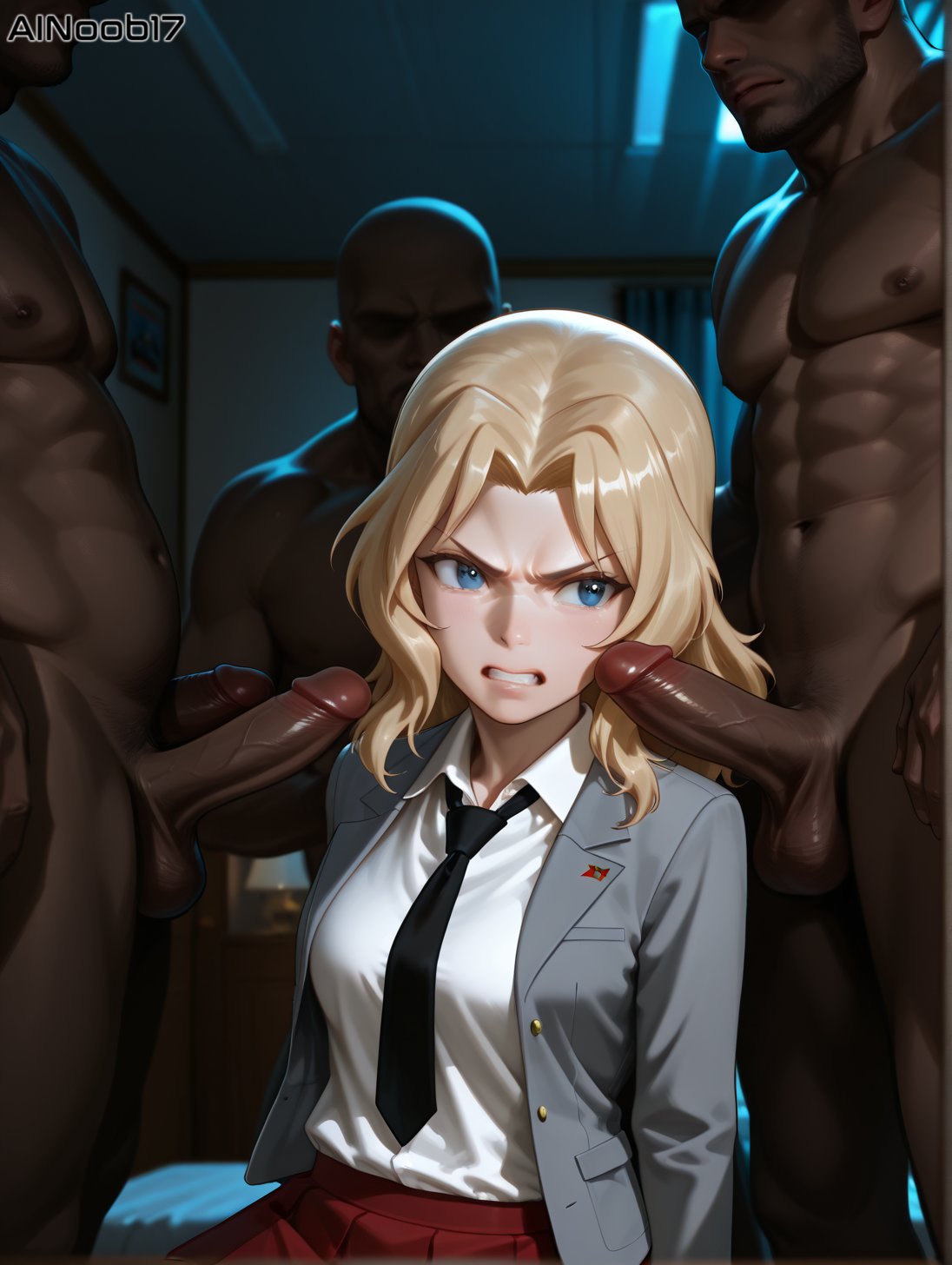 1girls ai_generated ainoob17 angry blonde_hair clothing forced girls_und_panzer interracial kay_(girls_und_panzer) multiple_boys penis stable_diffusion tagme