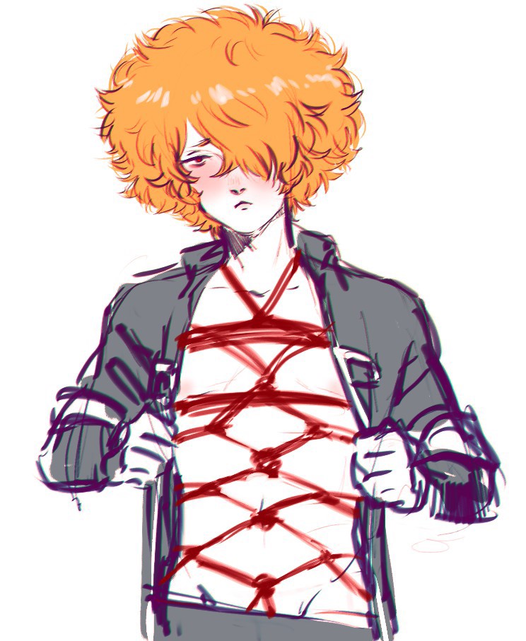 afro blush bondage curly_hair fluffy_hair gintama hair_over_one_eye looking_at_viewer male male_only niichan open_clothes open_jacket open_shirt orange_hair red_eyes rope rope_bondage rope_harness saitou_shimaru shy solo undressing