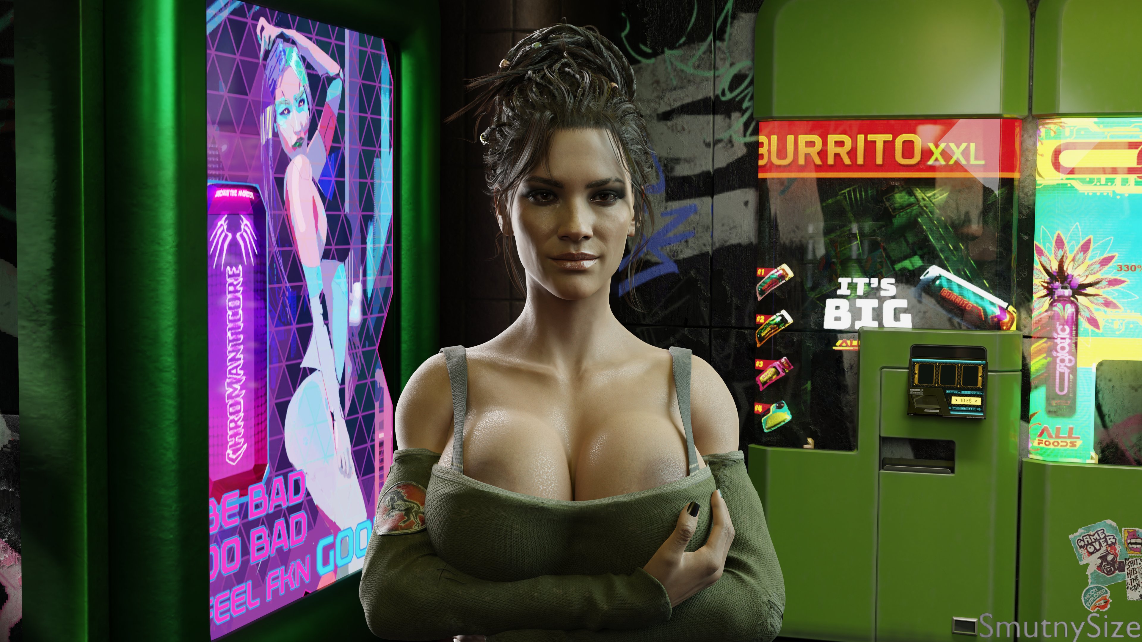 1girls, 3d, areola slip, areolae, big breasts, breasts, cd projekt red, cleavage, cyberpunk 2077, female, female only, huge breasts, native american, nipples, panam palmer, smutnysize, solo