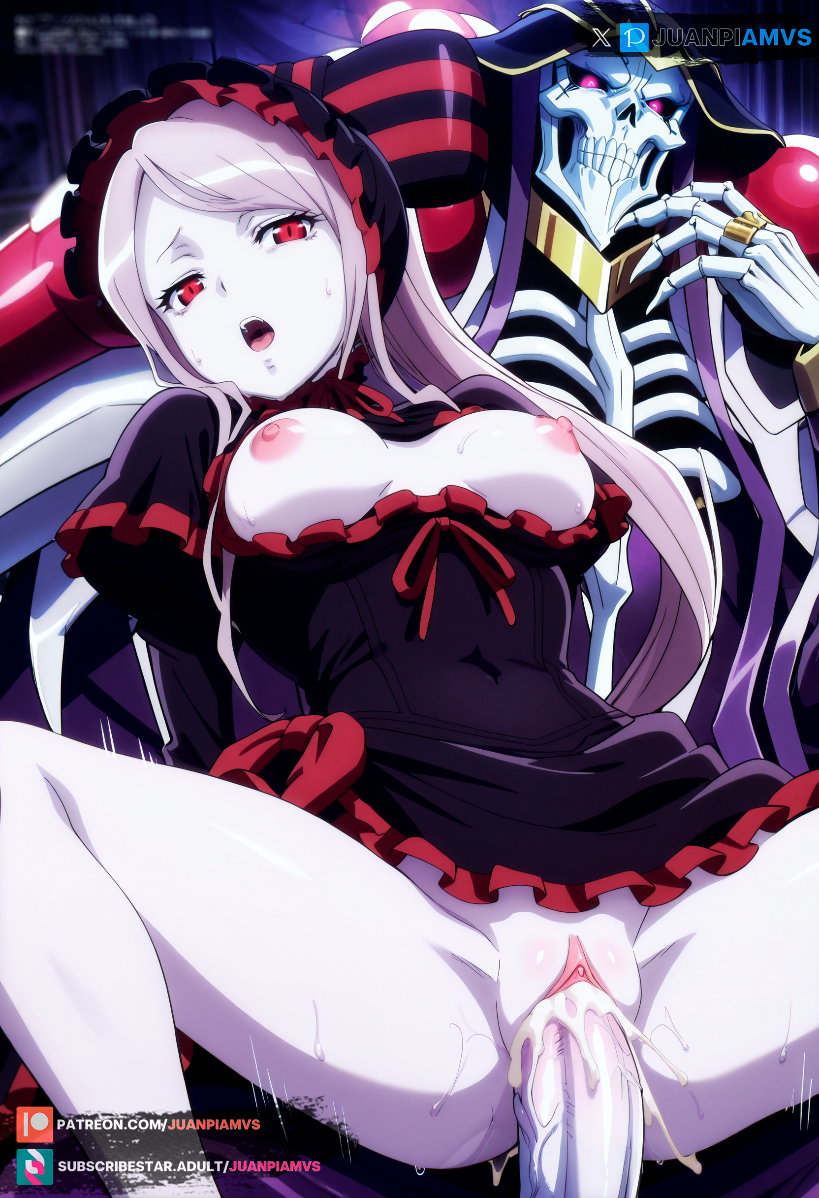 ai generated, ainz ooal gown, breasts, female, from behind, juanpiamvs, long hair, medium breasts, open clothes, open legs, open mouth, overlord (maruyama), patreon, patreon username, penetration, ponytail, red eyes, reverse cowgirl position, sex, shalltear bloodfallen, silver hair, subscribestar, subscribestar username, watermark