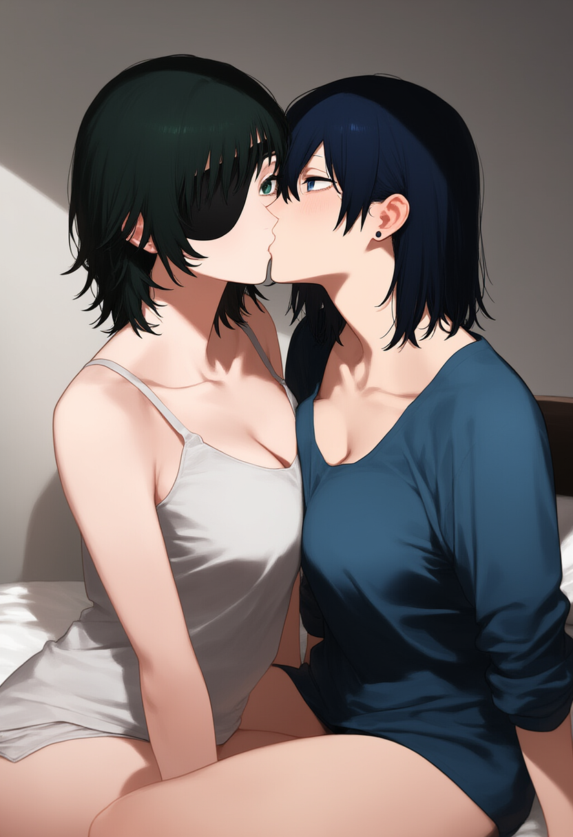 2girls ai_generated asymmetrical_docking bedsheets black_hair blue_eyes blue_shirt breasts chainsaw_man eyepatch genderswap genderswap_(mtf) green_eyes hair_down hayakawa_aki himeno_(chainsaw_man) kissing medium_breasts rule_63 yuri