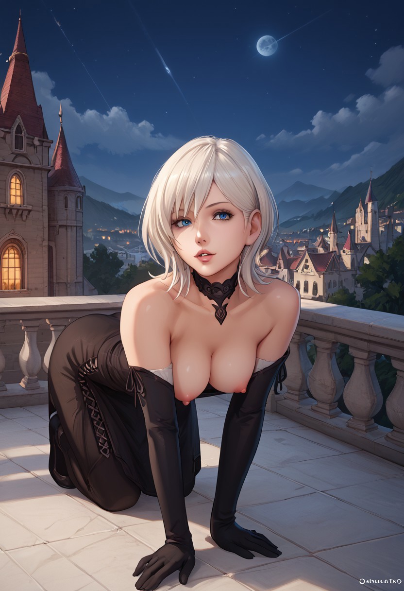 ai_generated all_fours black_dress black_gloves blue_eyes breasts breasts_out castle female female_only nier nier_reincarnation night nipples pale-skinned_female pale_skin topless topless_female white_hair yorha_10h