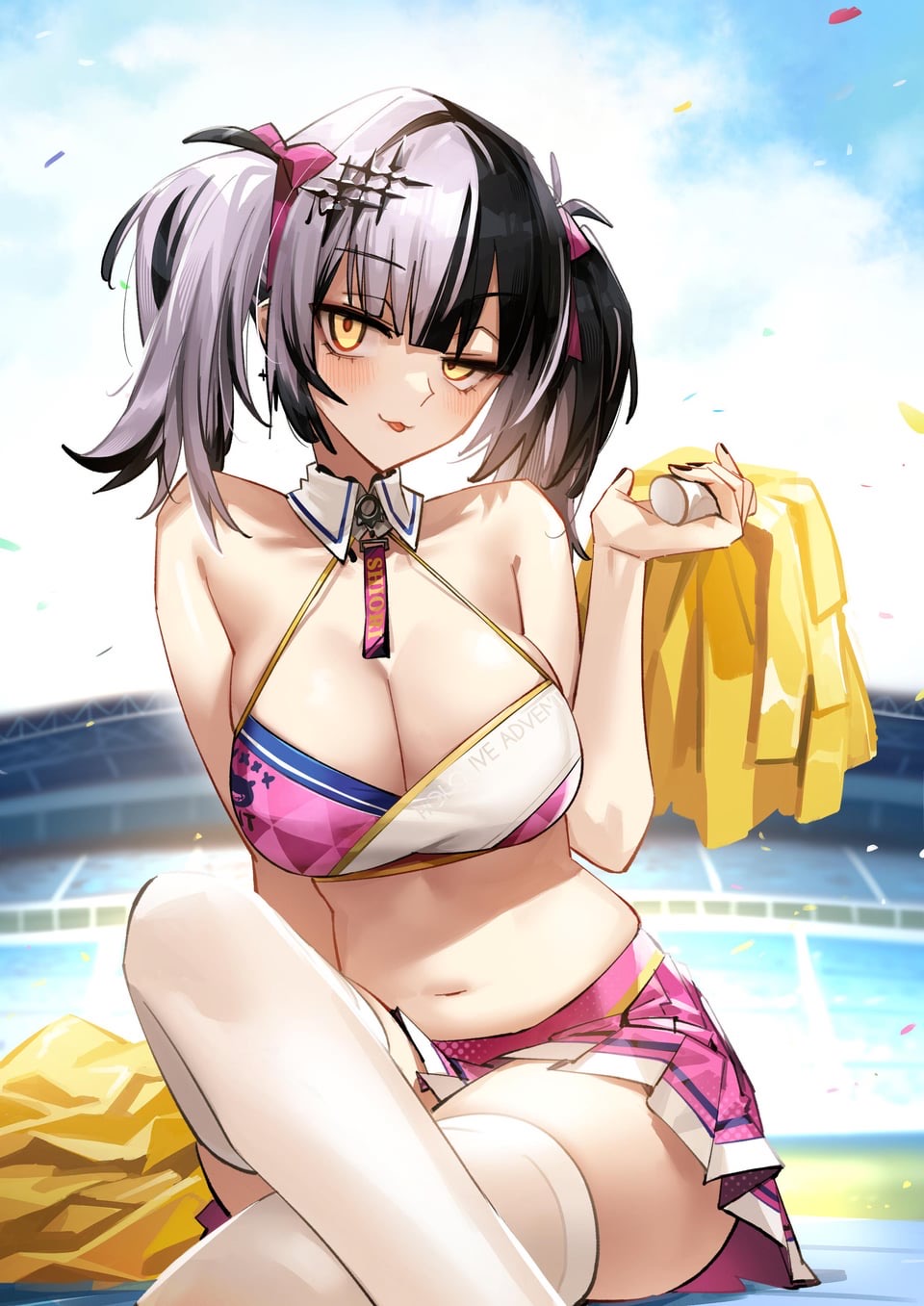 big_breasts black_hair cheerleader cheerleader_uniform hololive hololive_english hololive_english_-advent- shiori_novella smug_face solo_female solo_focus thick_hips thighhighs twintails vtuber white_hair