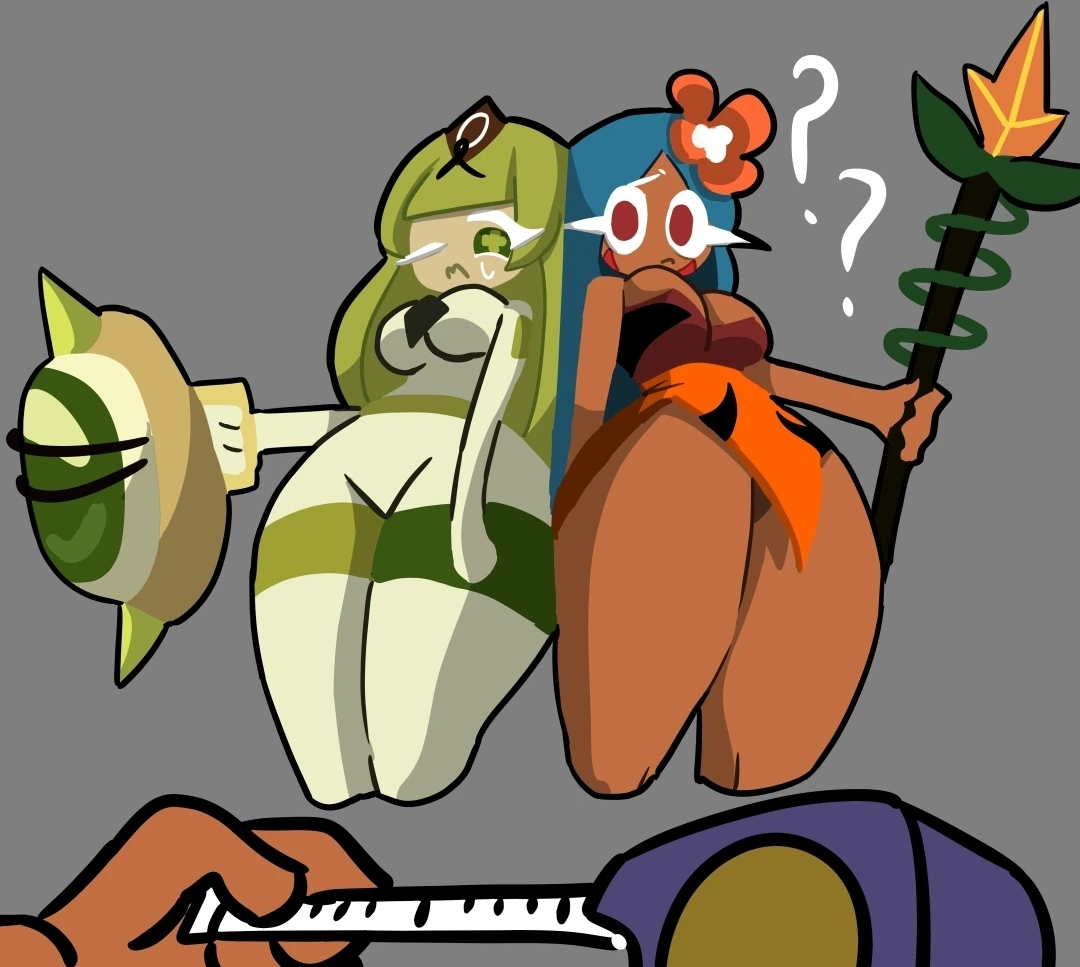 2girls, big thighs, breasts, cookie run, cookie run kingdom, female, green tea mousse cookie, tiger lily cookie