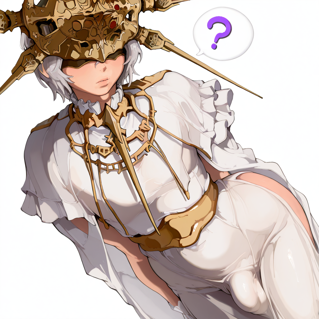 ai_generated big_butt bulge bulge_under_clothes covered_eyes dark_souls dark_sun_gwyndolin dress femboy jewelry looking_at_viewer mayyreel question_mark trap white_hair