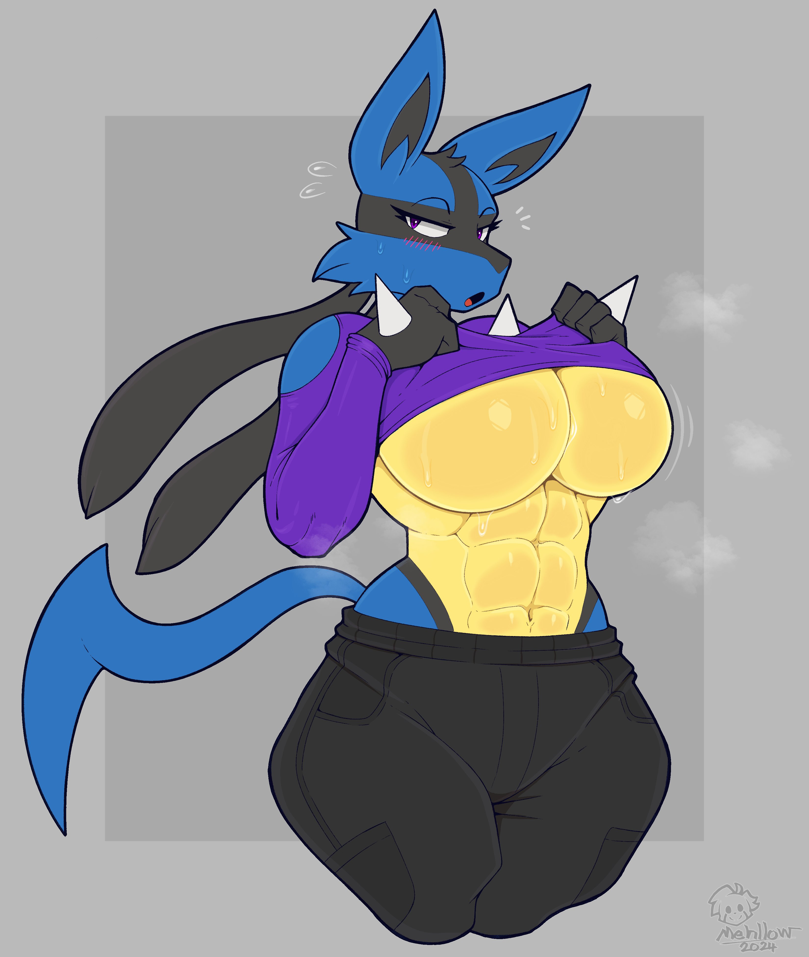 1girls, abs, absurd res, anthro, biped, blush, bodily fluids, clothed, clothing, female, generation 4 pokemon, hi res, lucario, mehdrawings, muscular, muscular anthro, muscular female, nintendo, pokemon, pokemon (species), solo, sweat