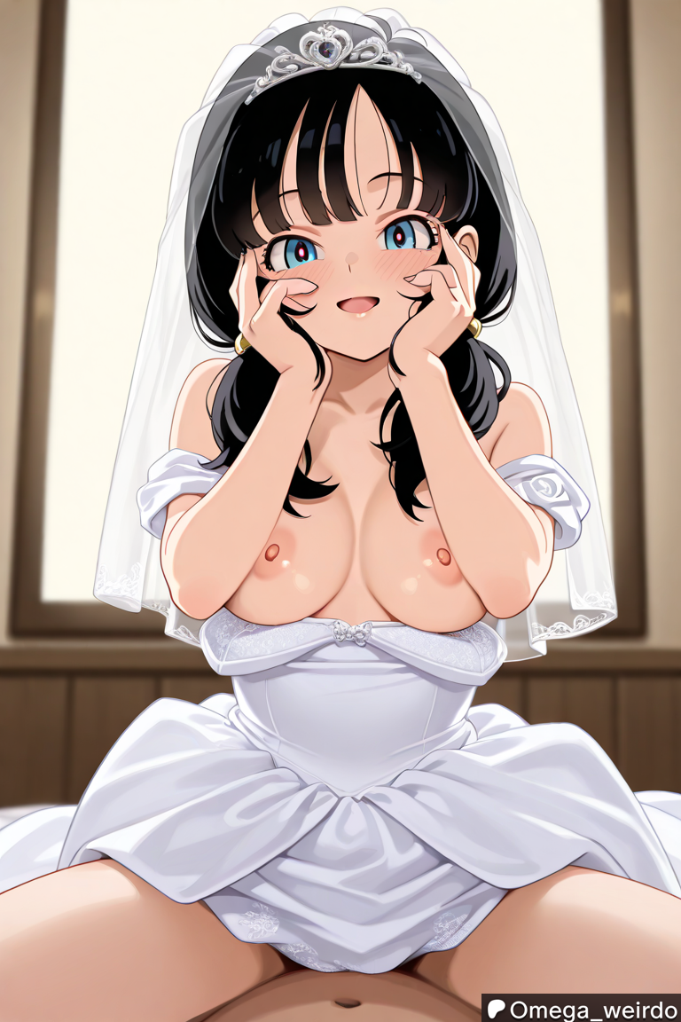 1girl1boy ai_generated bed bedroom big_breasts black_hair blue_eyes blush dragon_ball_z exposed_breasts female hand_to_own_face happy happy_sex indoors indoors_sex looking_at_partner looking_at_viewer omega_weirdo open_mouth patreon pov sex straddling videl videl_(long_hair) wedding_dress wedding_night wedding_veil