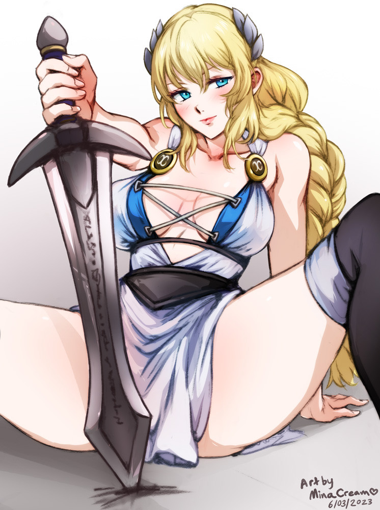 1girls areolae artist_name big_breasts blonde_hair blue_eyes blush braid breasts busty clothed clothed_female clothing dated female female_focus female_only greek_text holding holding_sword holding_weapon hourglass_figure large_breasts laurel_crown long_hair milf mina_cream minacream nipples pubes pubic_hair pussy signature single_braid sitting solo solo_female sophitia_alexandra soul_calibur soul_calibur_vi spread_legs sword uncensored vagina weapon wide_hips