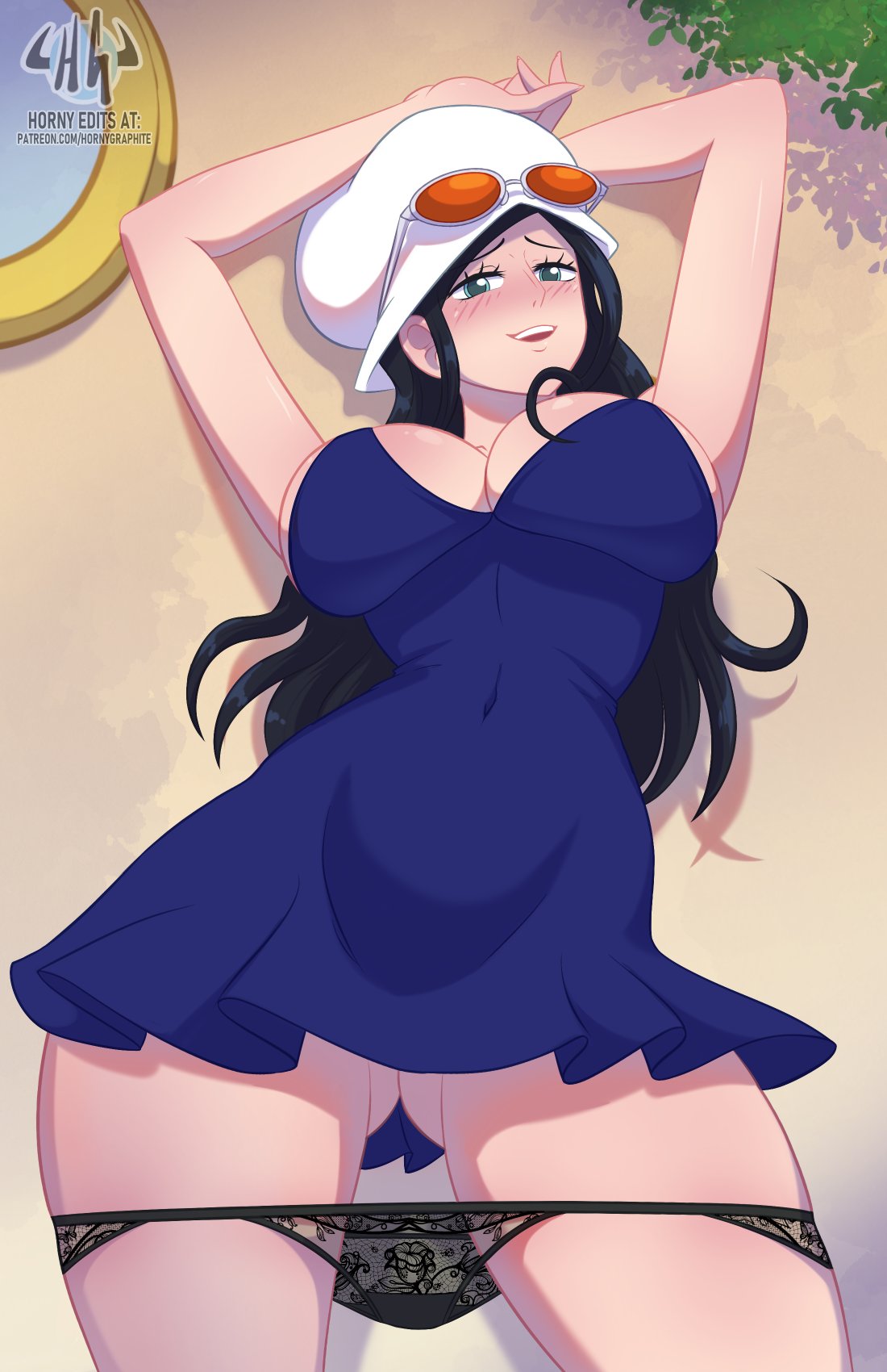 1girls against_wall arms_up black_hair blue_dress blue_eyes blush clothing dress dressrosa female female_only glasses glasses_on_hat hands_on_head hat hi_res hornygraphite long_hair looking_at_viewer nico_robin nico_robin_(dressrosa) one_piece panties panties_down smiling smiling_at_viewer solo sunglasses sunglasses_on_hat sunglasses_on_head wide_hips