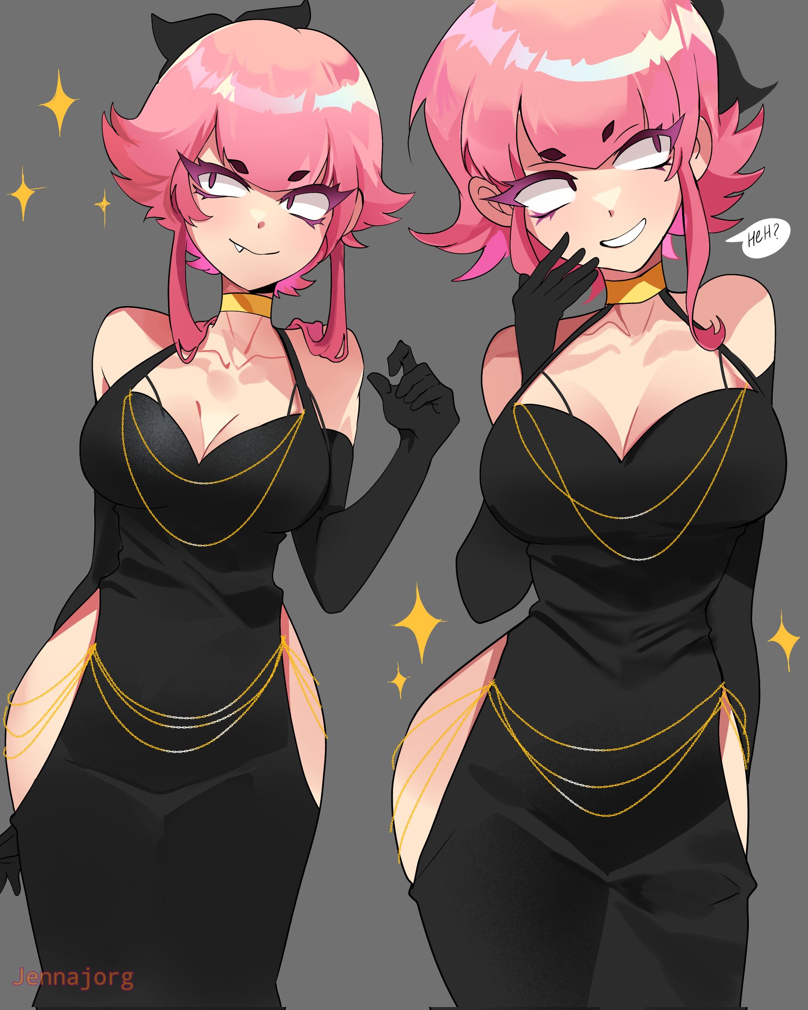 black dress, brawl stars, breasts, female, hips, hollow hip backless chain dress, jenna jorg, melodie (brawl stars), modakawa dress, no nostrils, small nose