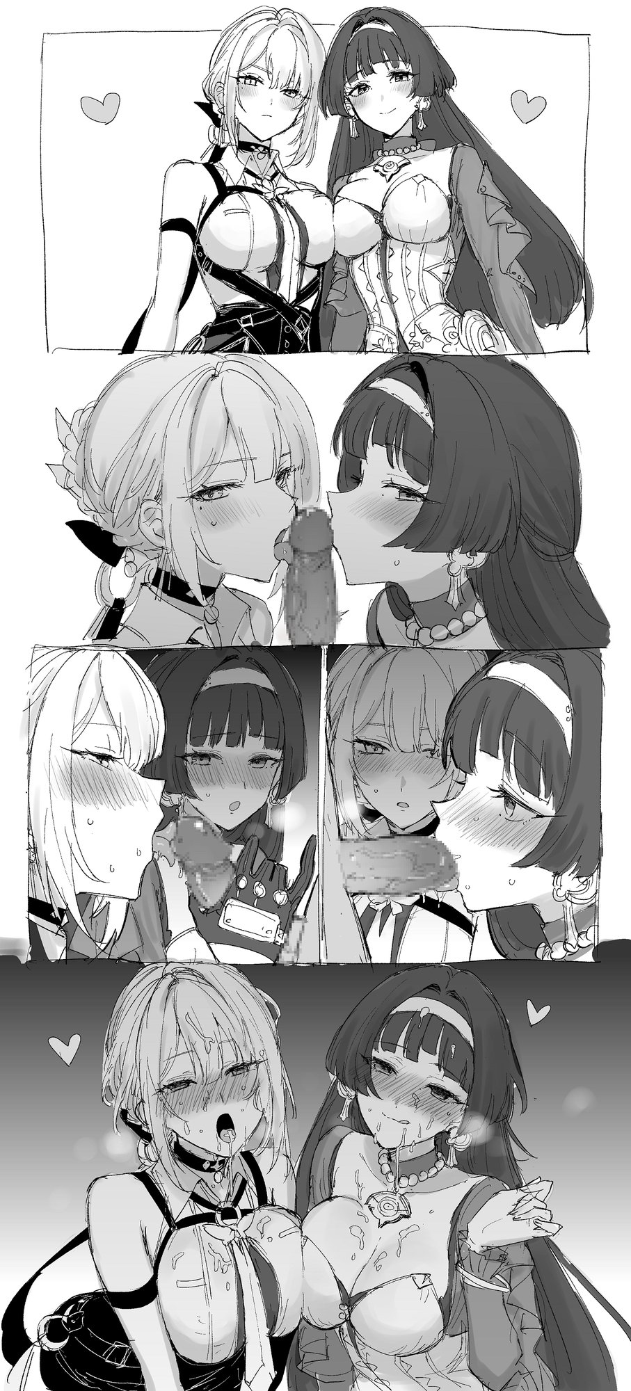 1boy 2girls 4koma astra_yao blowjob blush breasts choker cleavage clothed_female_nude_male cooperative_fellatio cum cum_on_body cum_on_breasts earrings evelyn_chevalier facial fellatio female female_focus ffm_threesome gloves hi_res highres jacket jewelry licking licking_penis looking_at_viewer male mihoyo monochrome mosaic_censoring multiple_girls multiple_views open_mouth oral oral_sex penis sbs smile teamwork threesome zenless_zone_zero