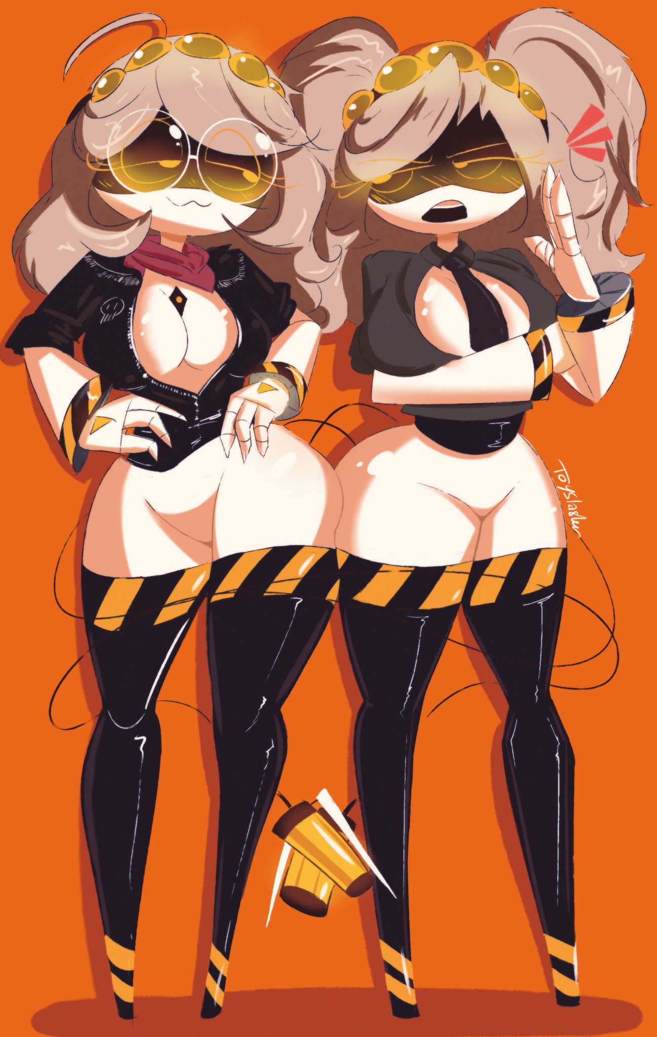 2girls ass_to_ass black_necktie black_thighhighs button_up_shirt cleavage curvy curvy_female curvy_figure female female_focus female_only glasses glitch_productions hourglass_figure intertwined_tails j_(murder_drones) leather_jacket murder_drones necktie pigtails red_scarf robot robot_girl robot_legs short_hair silver_hair tail tail_wrapped_around tail_wrapped_around_leg thick_thighs thighhighs toyslasher v_(murder_drones) white_body wide_hips yellow_eyes