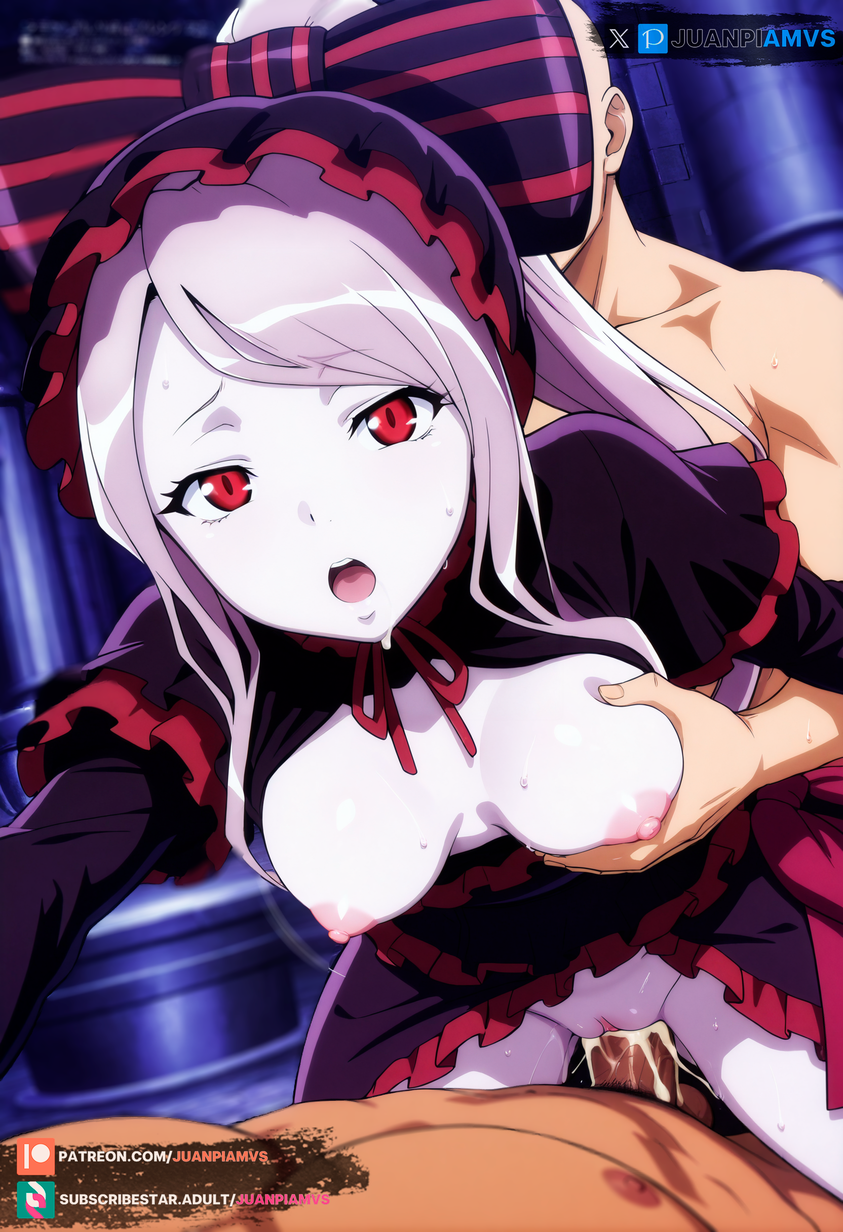 ai generated, breasts, cowgirl position, female, from behind, grabbing, grabbing breasts, juanpiamvs, long hair, medium breasts, open clothes, open mouth, overlord (maruyama), patreon, patreon username, penetration, ponytail, red eyes, sex, shalltear bloodfallen, silver hair, subscribestar, subscribestar username, watermark
