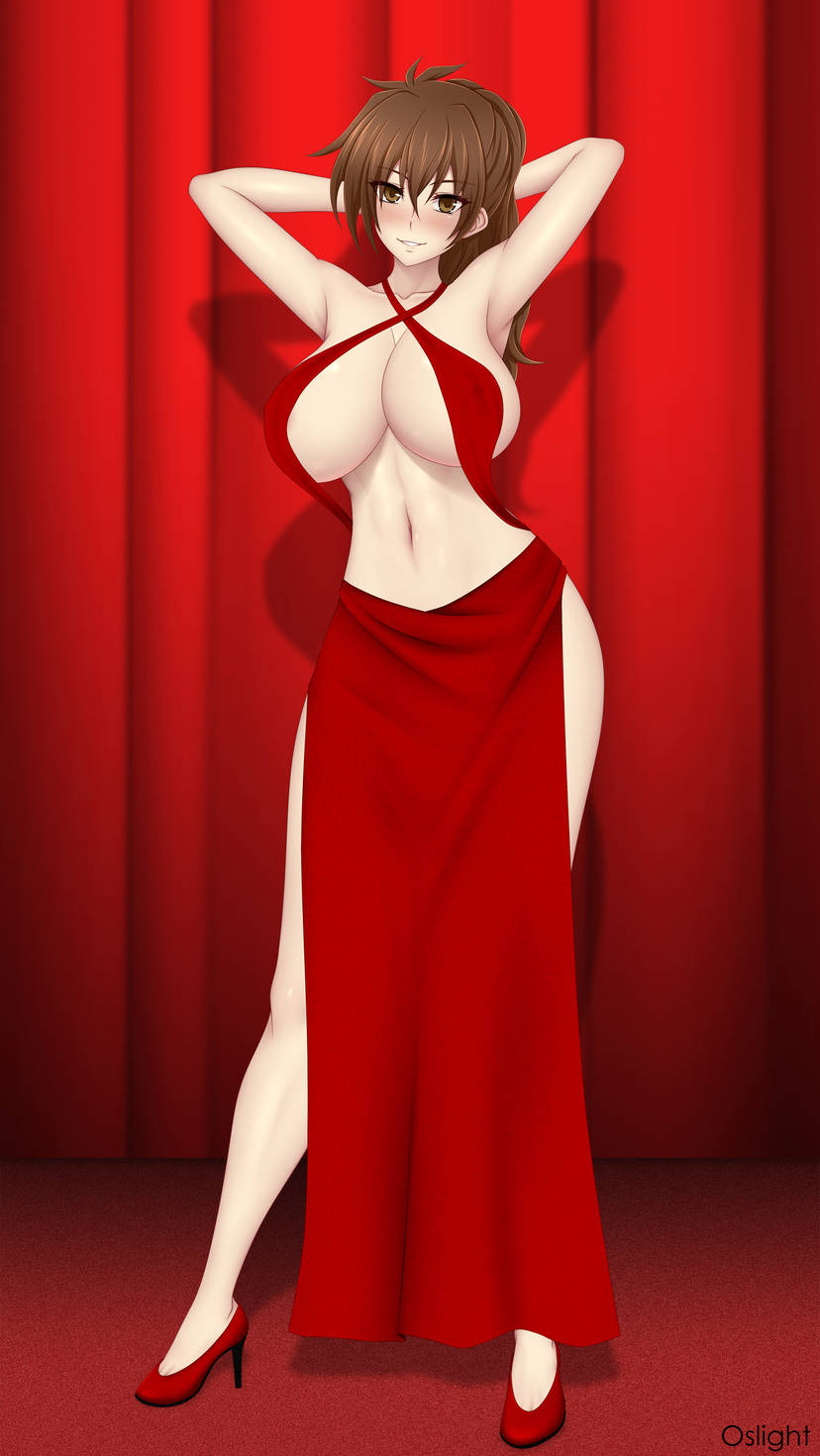 1girls, alternate version, artist name, bare midriff, big breasts, blush, breasts, brown eyes, brown hair, female, female issei, female only, hands behind head, high heels, high school dxd, huge breasts, hyoudou issei, large breasts, light skin, light-skinned female, long hair, oslight, red clothing, red curtains, red dress, sexy pose, smile, solo, solo female