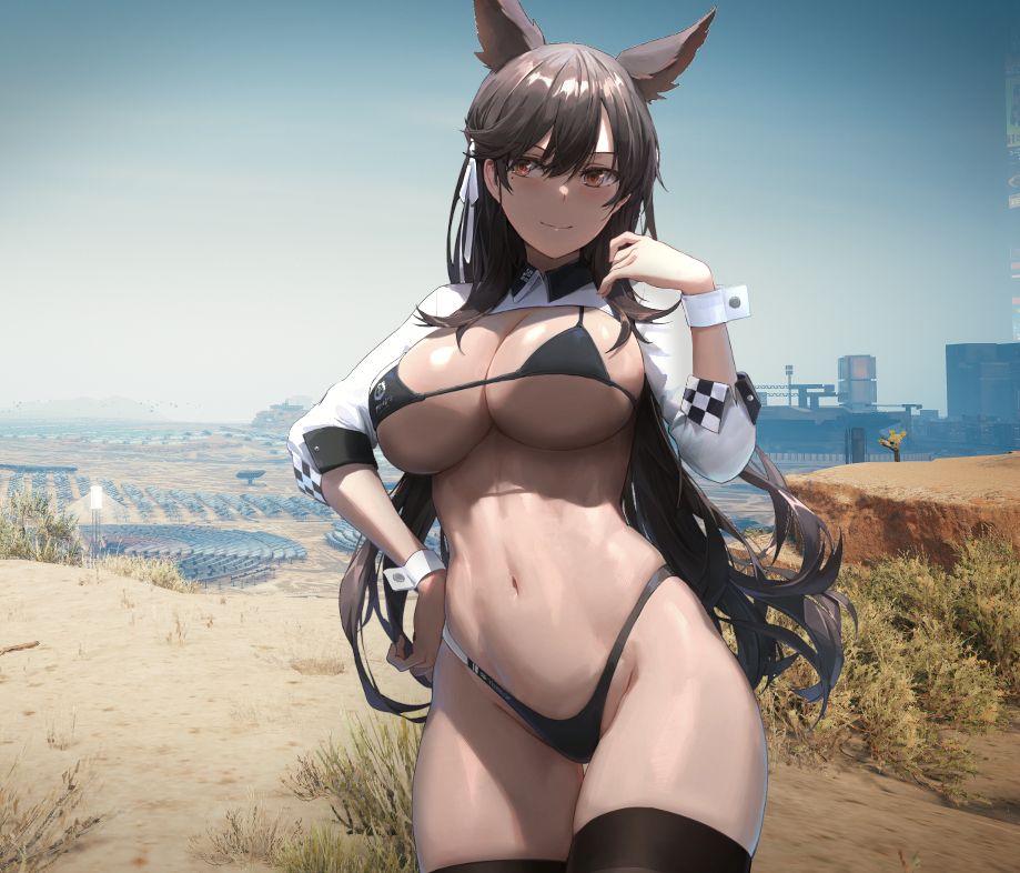 3d_background animal_ears atago_(azur_lane) atago_(stunning_speedster)_(azur_lane) azur_lane badlands_(cyberpunk) bikini black_bikini black_hair black_thighhighs breasts brown_eyes bush cliff closed_mouth desert edit edited female female female_focus female_only foliage free_style_(yohan1754) grass_field hair_between_eyes hair_ribbon hand_on_own_hip highleg highleg_bikini highres large_breasts long_hair looking_at_viewer looking_to_the_side mole mole_under_eye multicolored_bikini multicolored_clothes navel official_alternate_costume outdoors ribbon shrub shrug_(clothing) sky smile solo standing string_bikini swimsuit tagme thick_thighs thighhighs thighs third-party_edit two-tone_bikini white_bikini white_ribbon wrist_cuffs