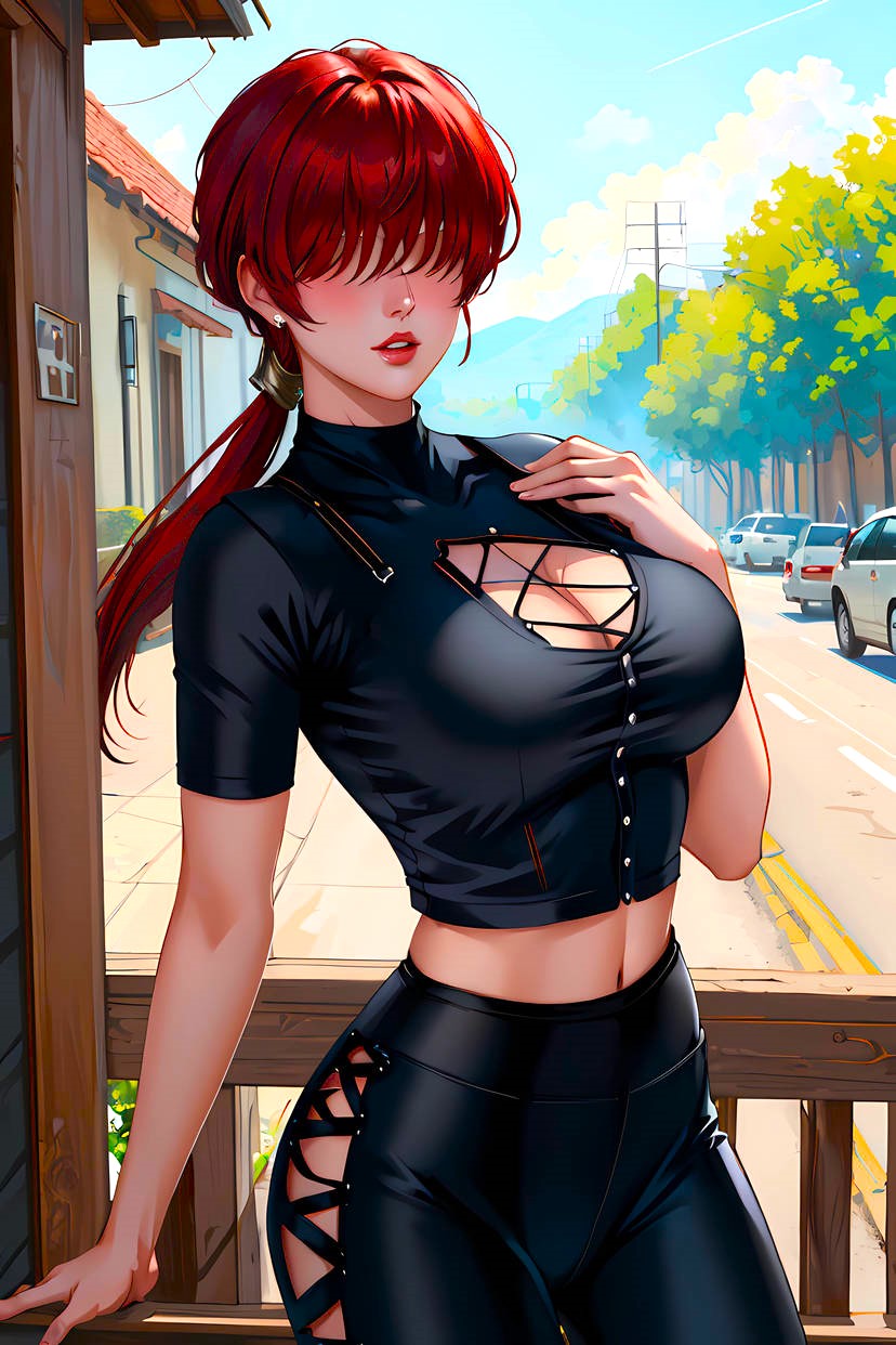 1girls ai_generated babe beautiful beautiful_females black_pants black_shirt busty_female buttons car casual_clothes city cleavage_cutout curvy day fashion fashion_model female female_focus fighting_game hair_over_eyes hair_tie house isaris-ai king_of_fighters kof lipstick looking_at_viewer model modeling ponytail pose red_hair red_lipstick revealing_clothes road seductive seductive_smile sexy shermie_(kof) snk snk_heroines:_tag_team_frenzy street trees video_game_character video_game_franchise video_games waifu_diffusion