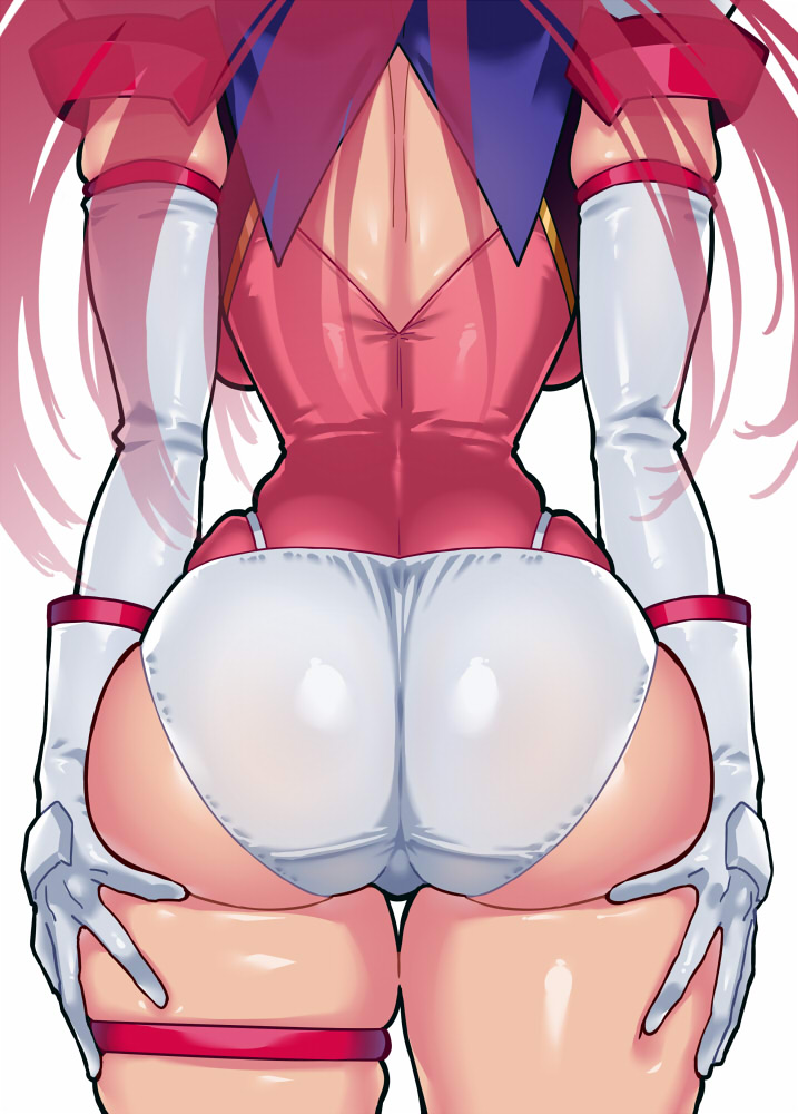 144 (riesztan), ass, ass focus, ass support, back, back cutout, backboob, breasts, choukou (alicesoft), choukou tenshi escalayer, clothing cutout, deep skin, elbow gloves, escalayer, female, from behind, gloves, grabbing own ass, hands on own ass, head out of frame, kouenji sayuka, large breasts, leotard, long hair, lower body, no pants, pink hair, pink leotard, red hair, red leotard, shiny clothes, shiny skin, simple background, skin tight, skindentation, solo, thick thighs, thigh gap, thigh strap, thighs, white background, white gloves