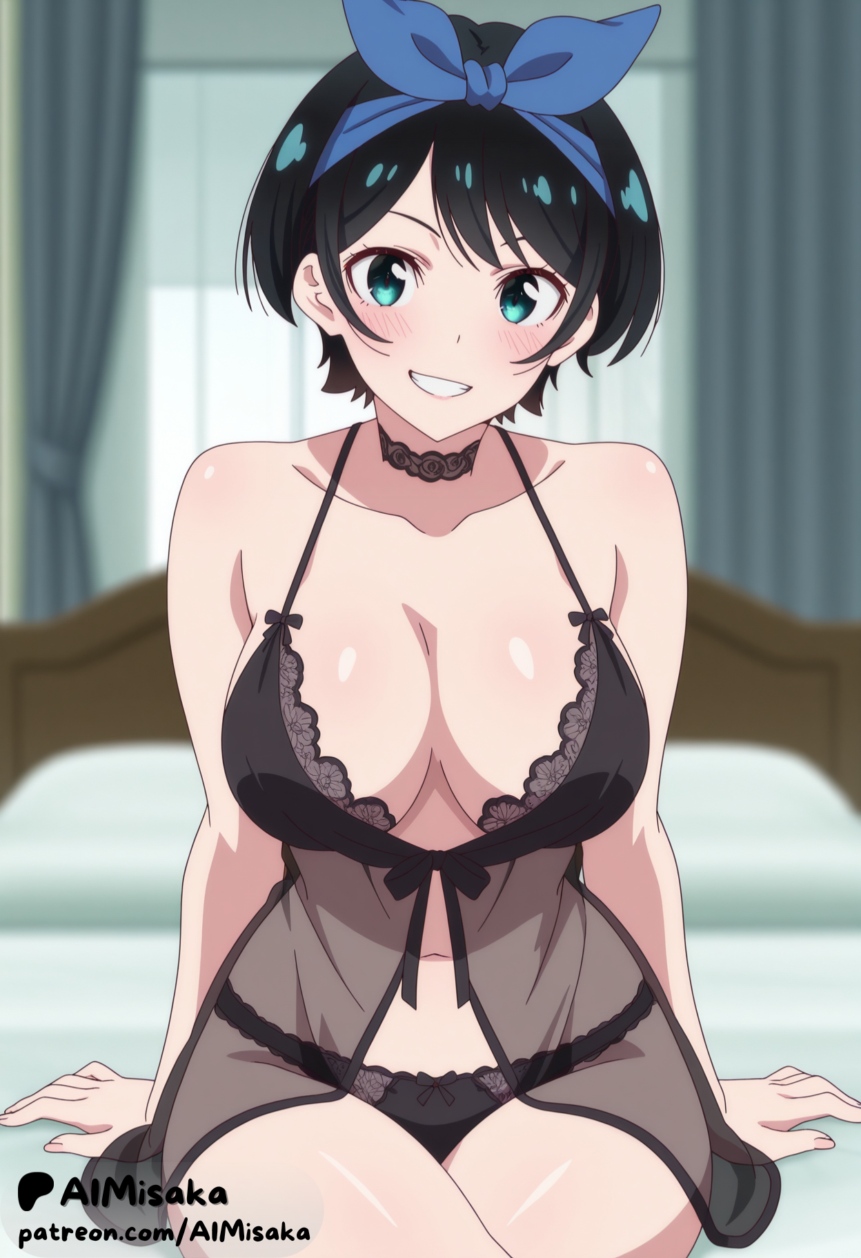 1girls, ai generated, aimisaka, aqua eyes, arm support, artist name, babydoll, bare arms, bare shoulders, bed, bedroom, black choker, black hair, black panties, blue hairband, blurry, blurry background, blush, bow, breasts, choker, cleavage, collarbone, curtains, green eyes, grin, hair ribbon, hairband, indoors, kanojo okarishimasu, large breasts, lingerie, looking at viewer, navel, on bed, panties, patreon logo, patreon username, pillow, ribbon, sarashina ruka, see-through, short hair, sitting, smile, solo, teeth, thighs, underwear, window