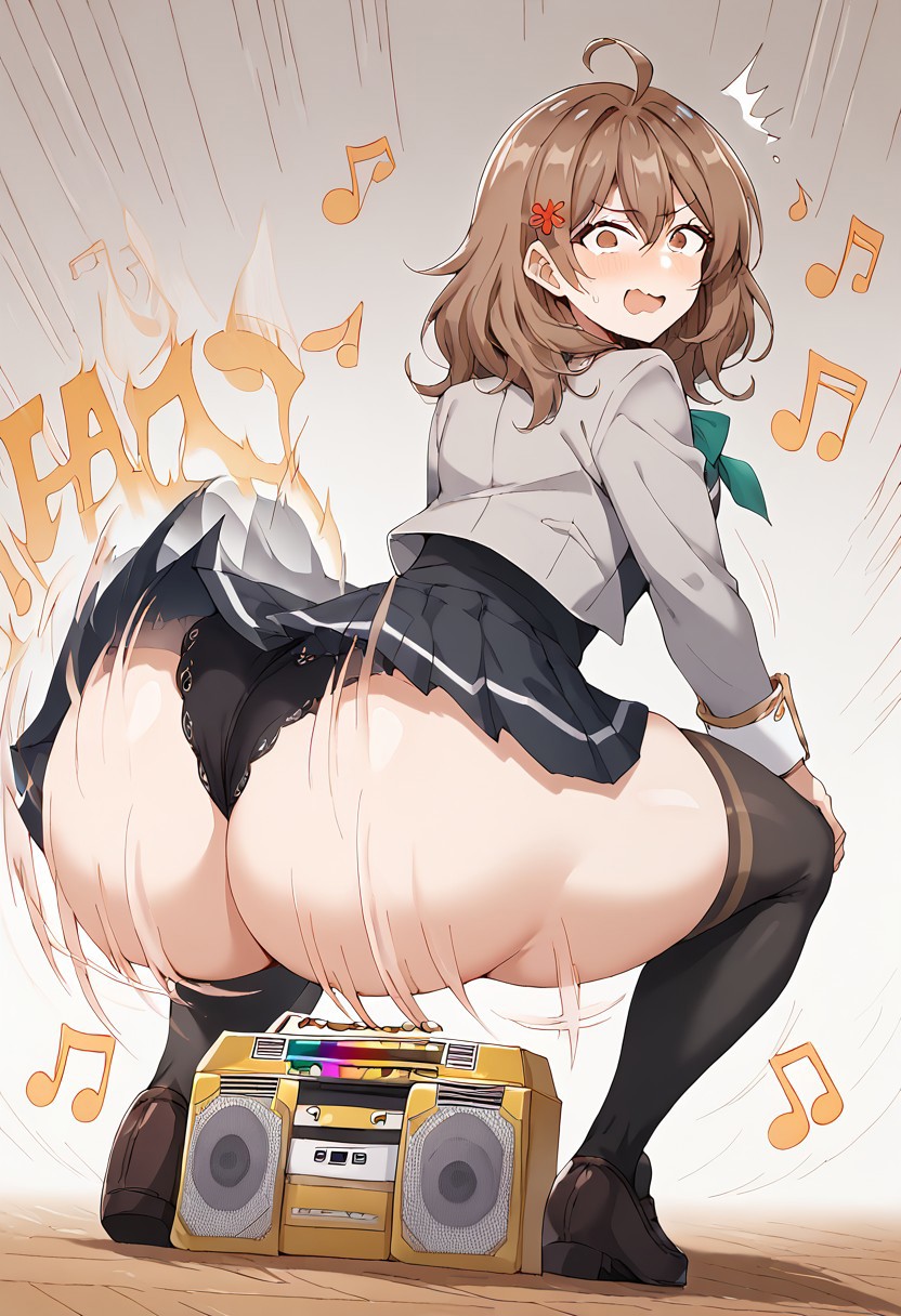 1girls ai_generated ass ass_shake black_panties black_skirt black_thighhighs body_control bow bowtie brown_footwear brown_hair collared_shirt cropped_jacket dekutree10 gold_boombox_(prevence) grey_jacket hair_ornament hypnosis jacket loafers maria_mikhailovna_kujou medium_hair panties pleated_skirt school_uniform seiren_academy_school_uniform shoes skirt solo thighhighs tokidoki_bosotto_russian_de_dereru_tonari_no_alya-san twerk twerk_hypnosis twerking uniform zettai_ryouiki