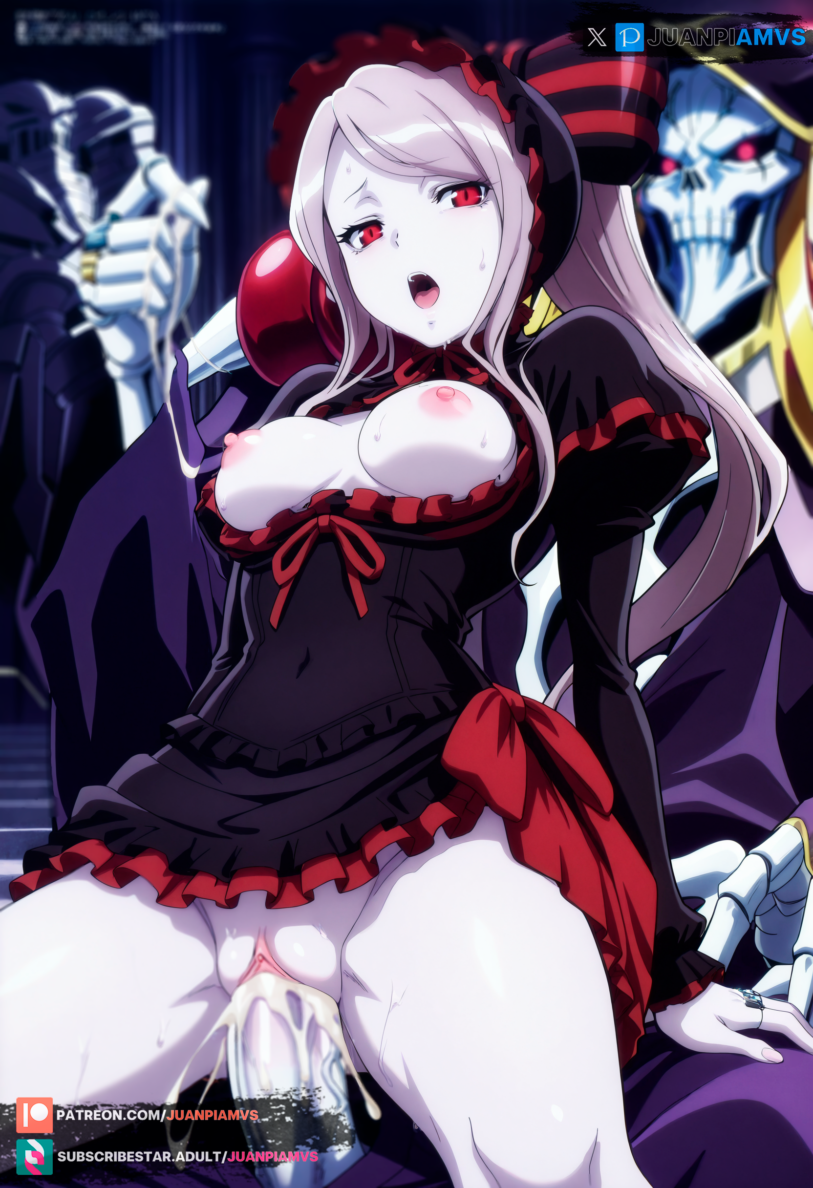 ai generated, ainz ooal gown, breasts, female, from behind, juanpiamvs, long hair, medium breasts, open clothes, open mouth, overlord (maruyama), patreon, patreon username, penetration, ponytail, red eyes, sex, shalltear bloodfallen, silver hair, subscribestar, subscribestar username, watermark