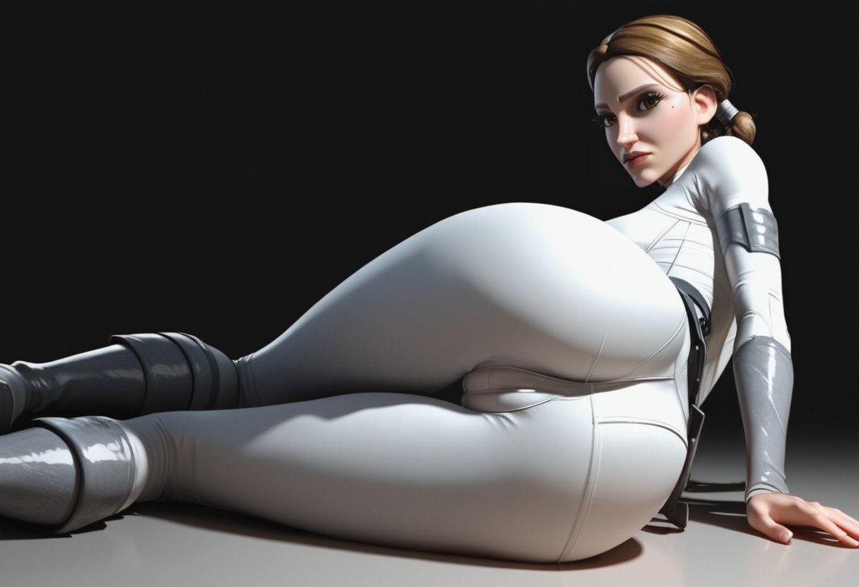 ai_generated ass ass_closeup ass_focus black_background bodysuit braided_ponytail brown_hair cameltoe clone_wars duchess_eugene from_behind legs looking_back lying_on_side mole_under_eye padme_amidala simple_background skin_tight stable_diffusion star_wars tagme tight_clothing tight_fit