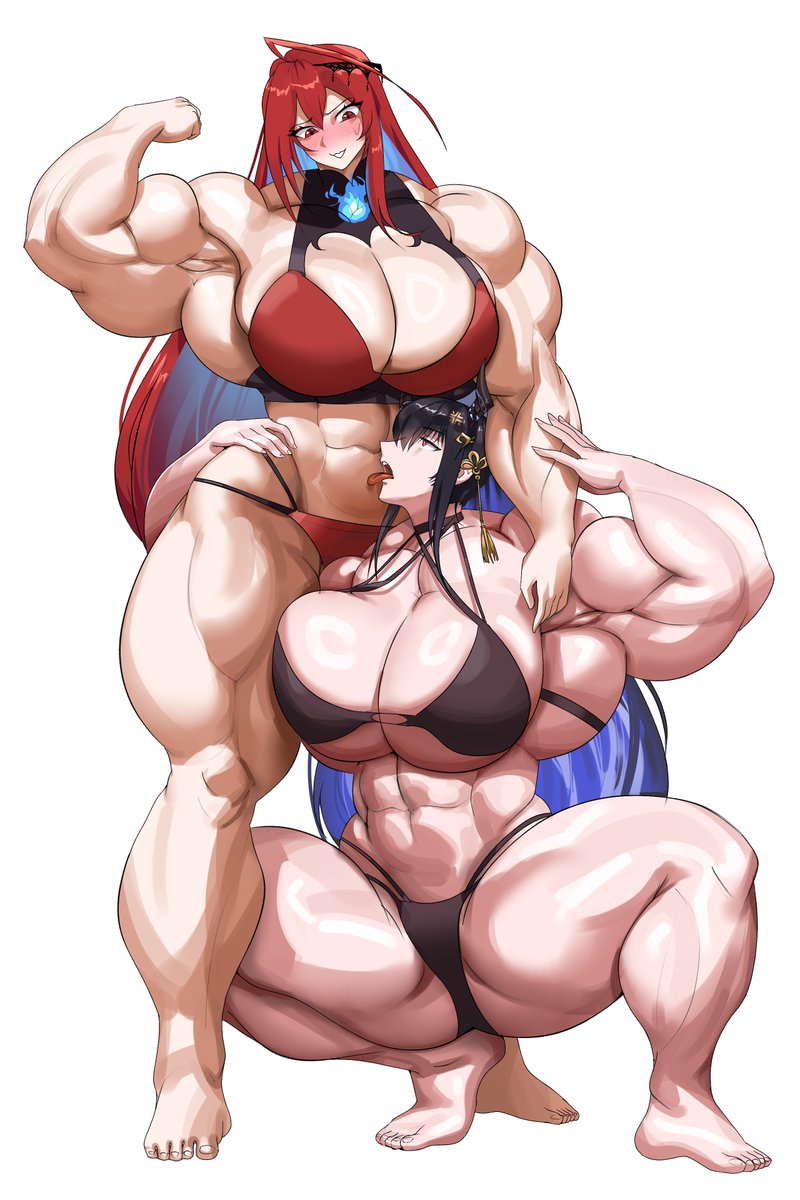 2girls abs big_muscles bikini black_bikini black_hair elizabeth_rose_bloodflame extreme_muscles flexing hololive hololive_english huge_breasts licking_abs muscular_female nerissa_ravencroft red_bikini red_hair turbun_(artist) virtual_youtuber yuri