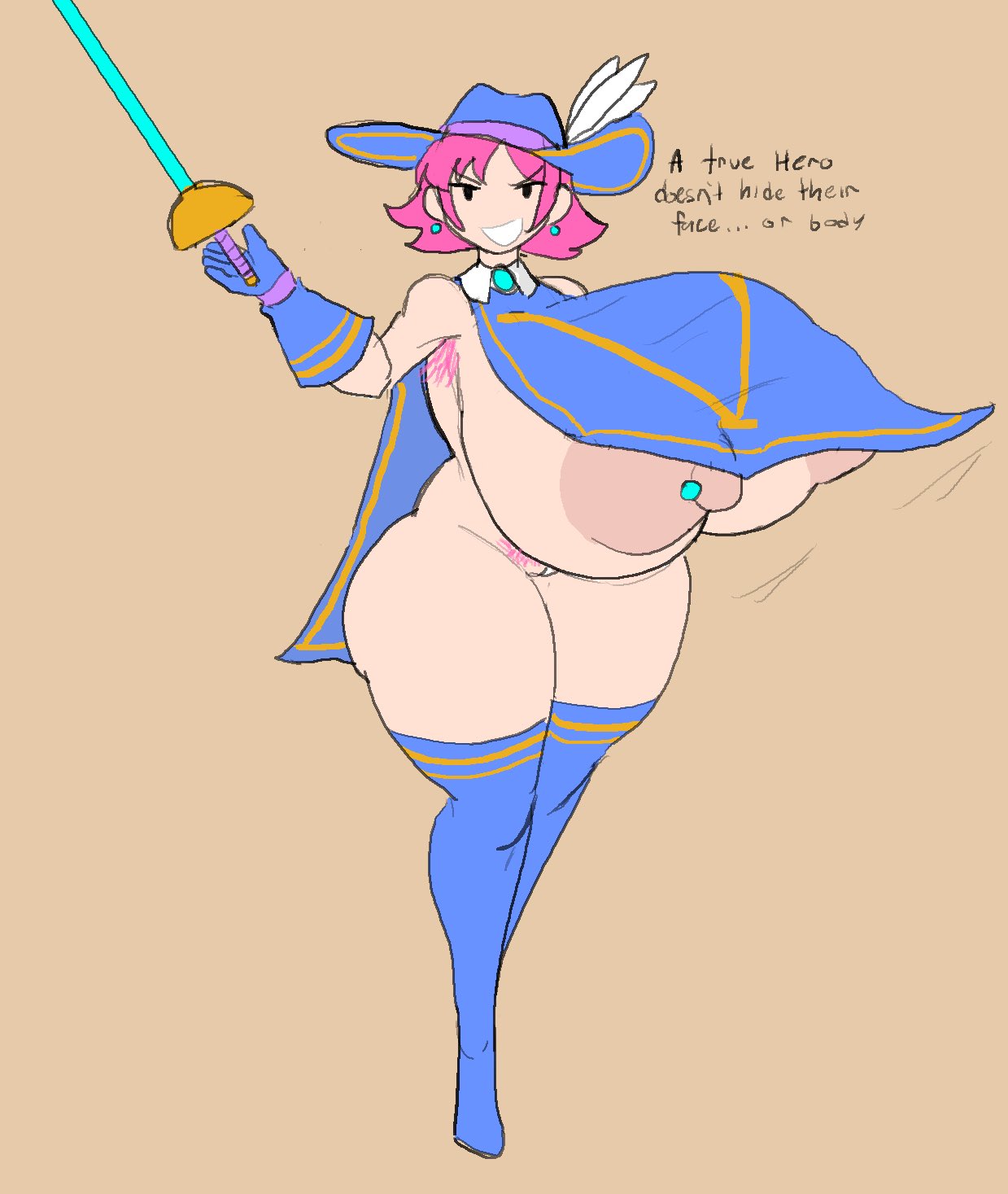 1girls, areolae, breasts, female, huge breasts, lewdicrousart, looking at viewer, nipple piercing, nipples, piercing, pink hair, sword, tagme, thick thighs, voluptuous, weapon