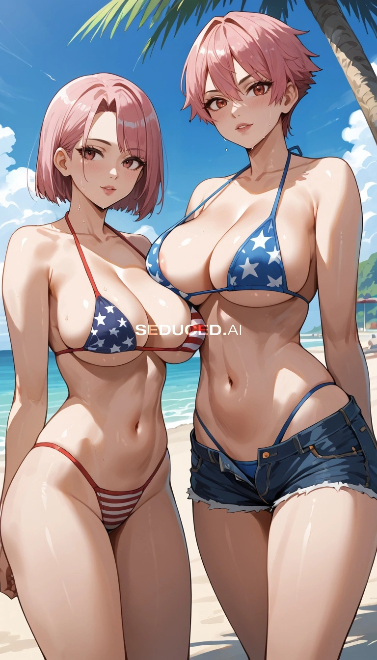 1girls 2girls ai_generated american_flag american_flag_bikini beach bikini bikini_bottom bikini_top blush breasts curvy curvy_body curvy_female curvy_figure curvy_hips female female_focus female_only island pink_hair pixie_cut playful rosy_cheeks round_breasts sand seducedai short_hair short_shorts thick_thighs thighs tropical