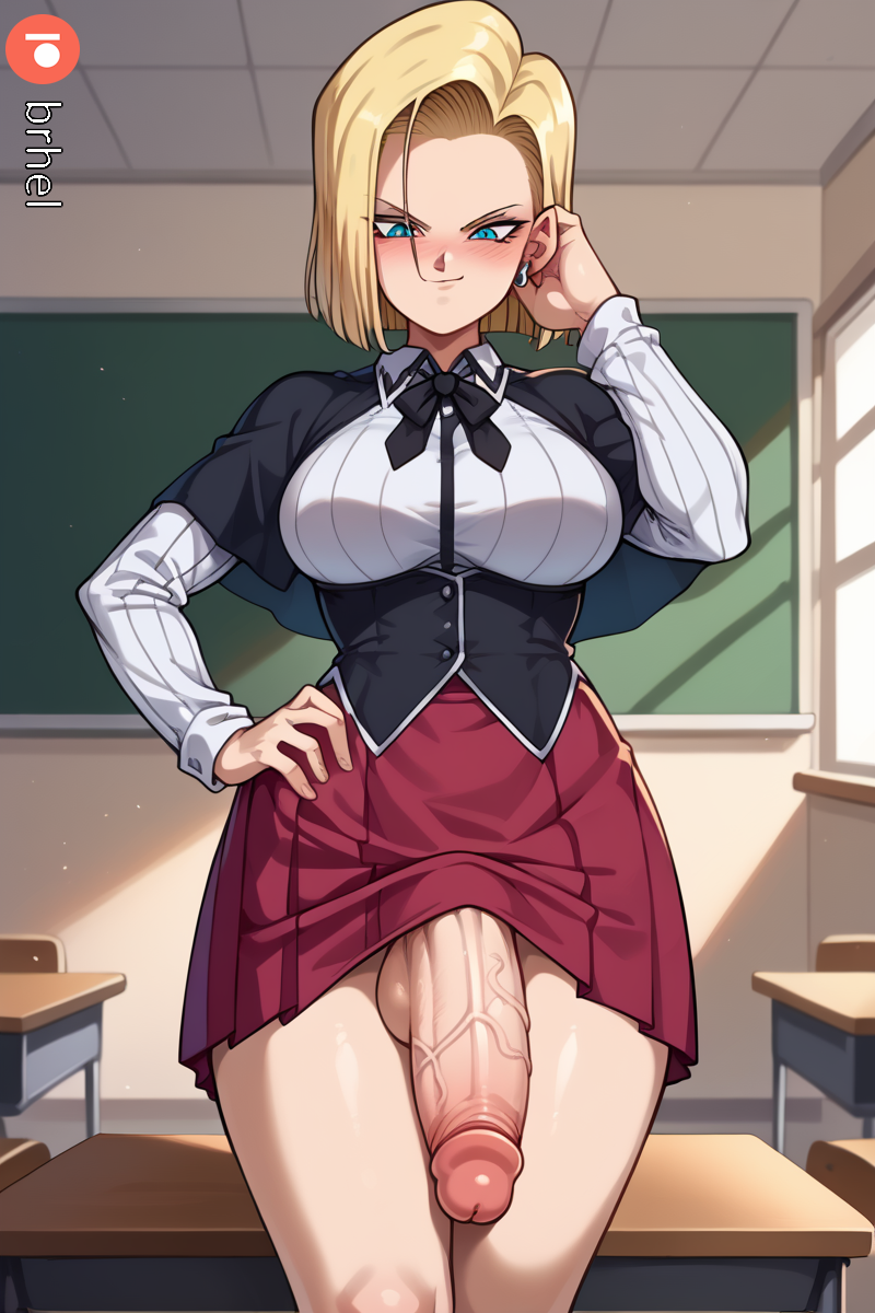 ai_generated android_18 blonde_hair blue_eyes blush bob_cut brhel dragon_ball dragon_ball_z futanari high_school_dxd penis penis_out penis_under_skirt school_uniform veiny_penis