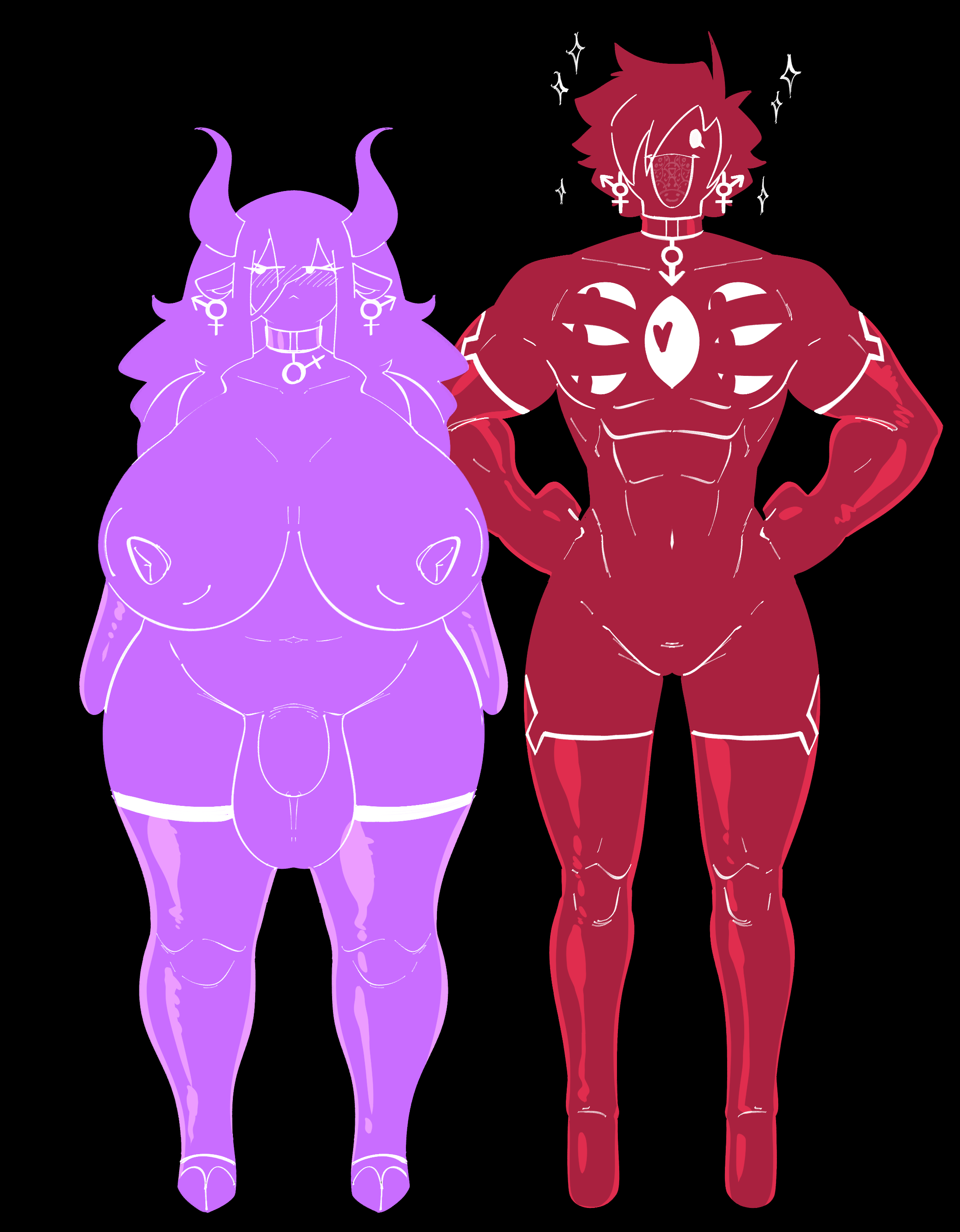 1boy, 1dickgirl, almost naked, badbitchdicey, balls out, big breasts, bovid, bovine, breasts out, buff, cam (badbitchdicey), choker, confident, cow ears, cuntboy, derivative work, dickgirl, earrings, eldritch, eldritch abomination, eldritch being, eldritch horror, eldritch humanoid, female, female symbol, futanari, gender symbol, genitals, gloves, hooves, horns, intersex, intersex symbol, larger futa, larger male, latex, long gloves, lord oblivion (badbitchdicey), male, male symbol, minotaur, muscular, muscular male, obi (badbitchdicey), pussy out, revealing clothes, short female, shoulder length gloves, size difference, thick thighs, thighhighs, thin waist, trans man, trans woman, voluptuous, wide hips
