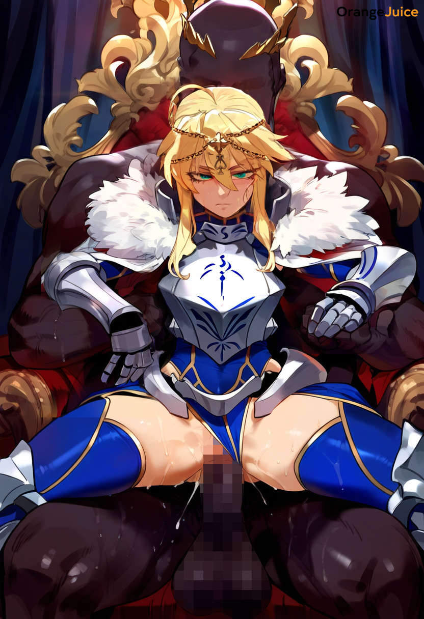 1boy 1girls ai_generated armor artoria_pendragon blonde_female blonde_hair censored crown dark-skinned_male expansion fate/grand_order fate_(series) female female_only interracial legs_apart light-skinned_female orangejuice(pixiv) penetration penis queen queen_of_spades saber sex sitting sitting_on_penis sitting_on_person throne