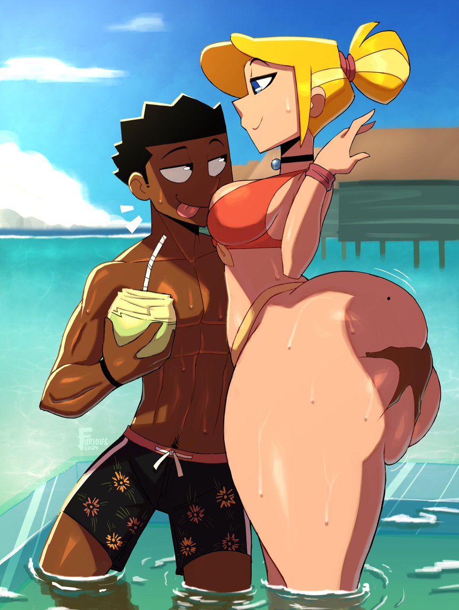 1boy 1girls ass_grab bikini blonde_hair blue_eyes bottom_heavy couple dark-skinned_male deep_skin derivative_work furiousart hetero interracial lucy_(zrfurious) outdoors partially_submerged swimming_trunks swimwear taller_girl thick_thighs toned_male wet zack_(zrfurious)