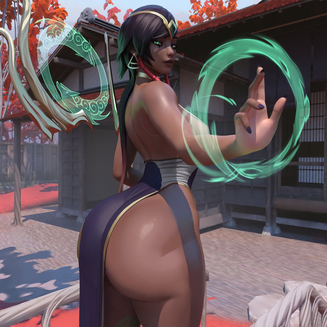 1girls dark-skinned_female huge_ass huge_breasts karma_(league_of_legends) league_of_legends looking_at_viewer popogori tagme thick_thighs