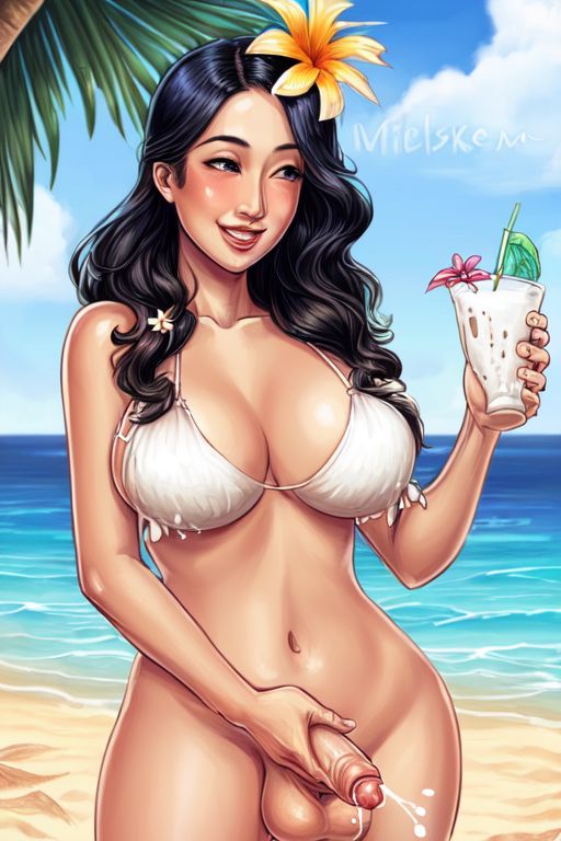 ai_generated beach big_breasts bikini bikini_top black_hair breasts cleavage cum drinking_cum drinking_glass food food_play futanari hawaiian masturbation nude perfect_body small_penis solo standing tagme thick_thighs thighs tropical