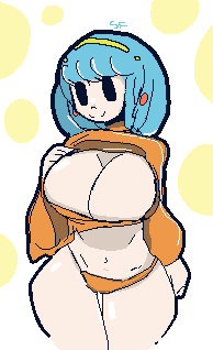 1girls amelia_n. bikini bikini_bottom bikini_top black_eyes blue_hair ear_piercing earrings huge_breasts lifting lifting_shirt nintendo nintendo_switch orange_bikini orange_shirt red_earrings starfat tagme