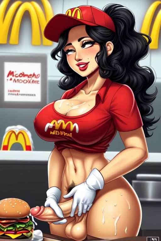 ai_generated black_hair burger cum cum_in_food exposed food food_play futanari gloved_handjob gloves indian indian_female masturbating masturbation mcdonald&#039;s pubes public public_exposure public_nudity sauce tagme tan_body