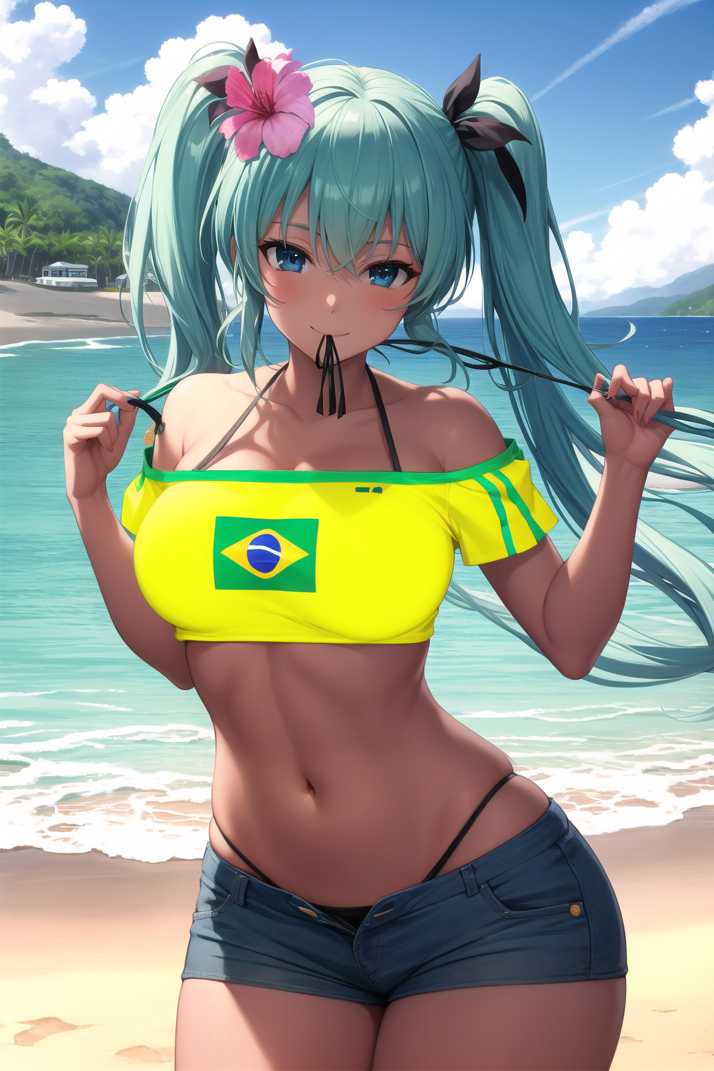 1girl ai_generated aqua_eyes aqua_hair bare_shoulders beach bikini bikini_under_clothes black_bikini black_ribbon blue_shorts blue_sky blush brazilian_miku breasts car cleavage closed_mouth cloud collarbone cowboy_shot crop_top cropped_shirt cutoffs dark-skinned_female dark_skin day denim denim_shorts female floating_hair flower green_shirt groin hair_between_eyes hair_flower hair_ornament hair_ribbon halterneck hands_up hatsune_miku hibiscus highleg highleg_bikini holding large_breasts long_hair looking_at_viewer medium_breasts micro_shorts midriff mountainous_horizon mouth_hold navel ocean off-shoulder_shirt off_shoulder open_fly outdoors pink_flower pixiv rena_aikawa_(pixiv_user) ribbon sand shirt shore short_shorts short_sleeves shorts sidelocks skindentation sky smile solo stable_diffusion standing stomach strap_pull string_bikini swimsuit tagme tan thighs tree twintails very_long_hair vocaloid water yellow_shirt