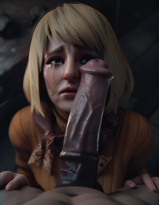 1boy 1girls 3d ai_generated ashley_graham blonde_hair cleavage crying eye_contact horsecock huge_cock licking_penis open_mouth paralap peace_sign penis_on_face pov resident_evil resident_evil_4 short_hair tears worried_expression