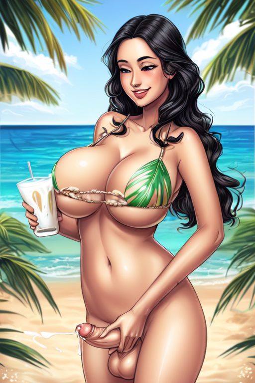 ai_generated beach big_breasts bikini bikini_top black_hair breasts cleavage cum drinking_cum drinking_glass food food_play futanari hawaiian masturbation nude perfect_body small_penis solo standing tagme thick_thighs thighs tropical