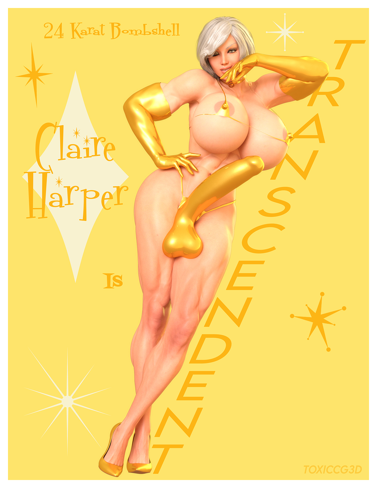 1futa, 3d, abs, areola slip, balls, balls in panties, bedroom eyes, bikini, breasts, canon futa, choker, claire harper (toxiccg3d), cock sleeve (clothes), earrings, elbow gloves, erection, eyeshadow, futa only, futanari, golden bikini, high heels, huge breasts, huge cock, intersex, large breasts, looking at viewer, makeup, male, male symbol, mars symbol, muscular, muscular arms, muscular futa, muscular legs, on side, penis, penis in panties, pinup, solo, tagme, toxiccg3d, transgender