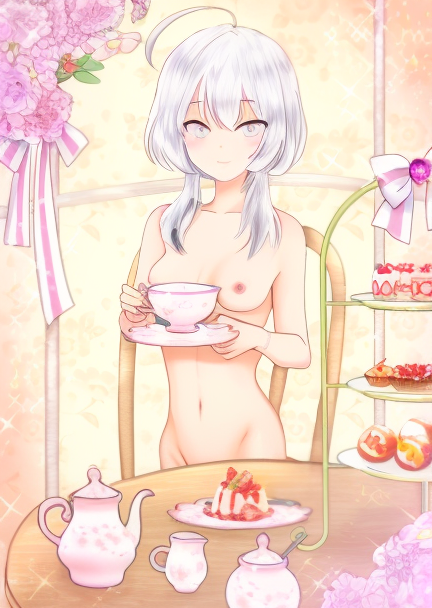 1girls breasts casual casual_nudity convenient_censoring etra-chan_saw! navel nipples nude nude_edit nude_female nude_filter sitting solo solo_female suzuran_(etra-chan_saw!) table tea_cup third-party_edit white_eyes white_hair