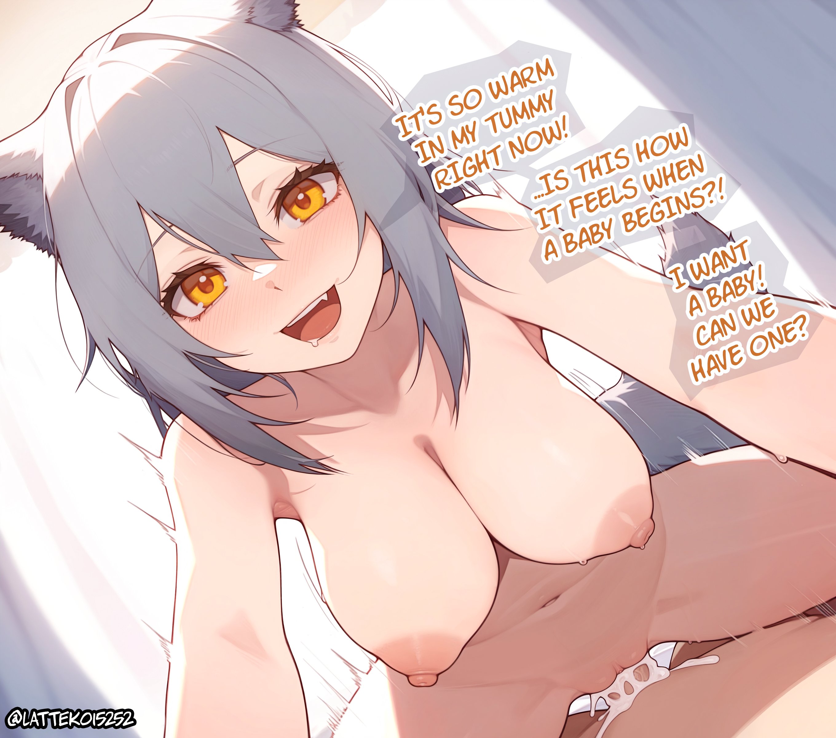 1boy, 1girls, absurdres, ai assisted, ai generated, animal ear fluff, animal ears, arknights, armpits, artist name, bangs, big breasts, blush, breasts, commentary, completely nude, cowgirl position, cum, cum in pussy, cum inside, curtains, dutch angle, english commentary, english text, eyebrows visible through hair, female, female focus, grey hair, hair between eyes, happy, happy sex, highres, impregnation request, impregnation risk, indoors, large breasts, lattekoi5252, light skin, light-skinned female, looking at viewer, male, male/female, motion lines, navel, nipples, nude, oerba yun fang, open mouth, penis, pov, projekt red (arknights), pussy, saliva, sex, short hair, smile, solo focus, speech bubble, spread legs, squatting cowgirl position, straddling, straight, sunlight, sweat, tail, teeth, tongue, twitter username, uncensored, vagina, vaginal penetration, vaginal sex, wolf ears, wolf girl, wolf tail, yellow eyes
