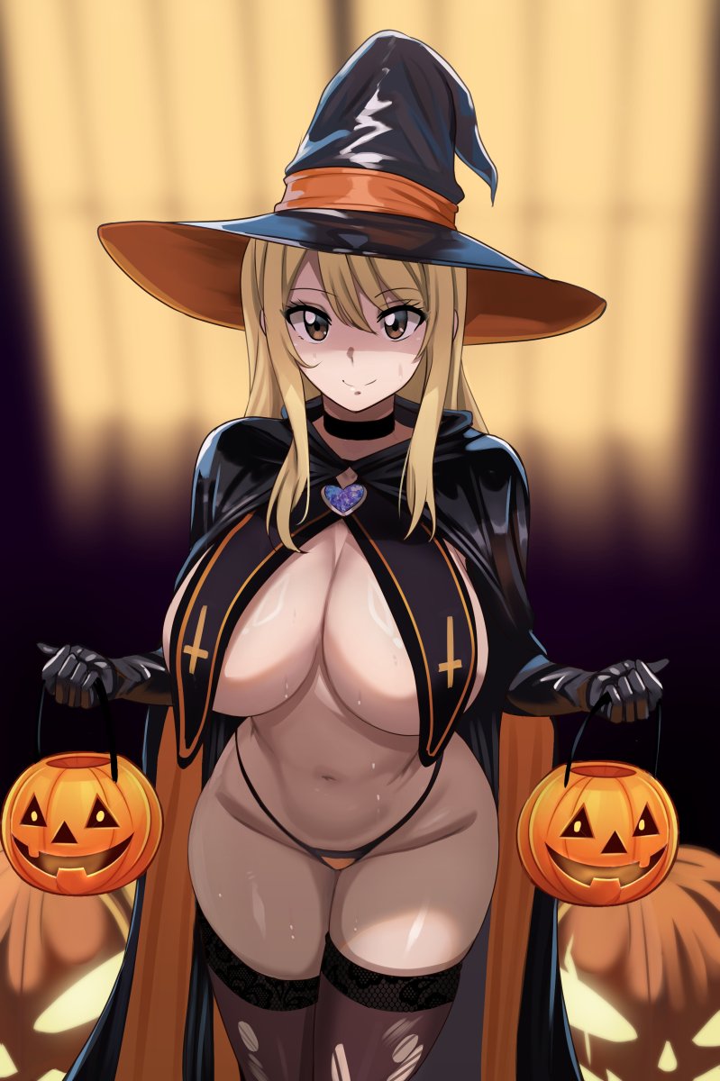 1girl blonde_hair breasts costume curvy_figure fairy_tail female_only halloween halloween_2024 happy heart huge_breasts lucy_heartfilia stockings the_amazing_gambit thick_thighs witch_costume witch_hat